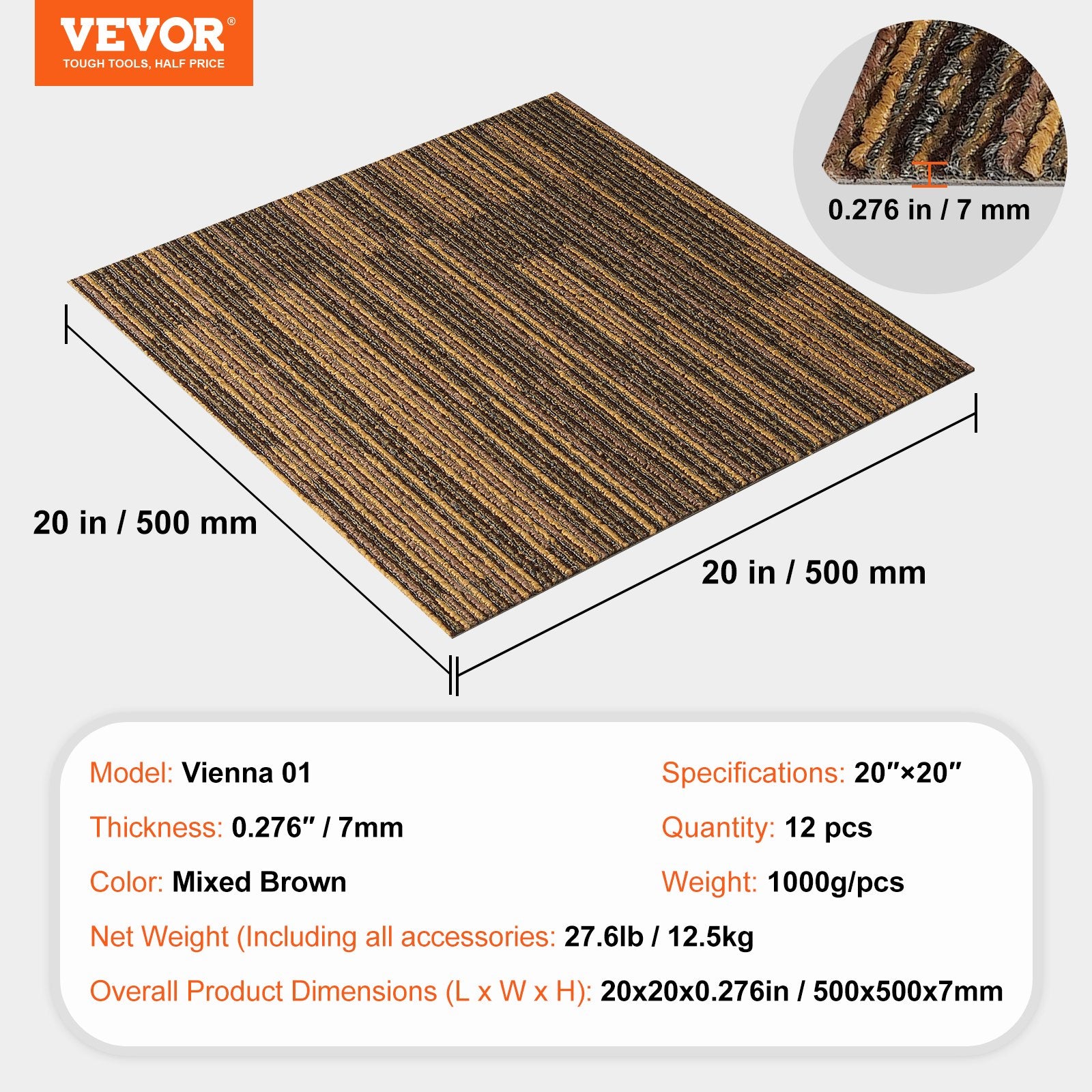 VEVOR Carpet Tiles Reusable, 20"x 20"Carpet Squares With Padding Attached, Soft Padded Carpet Tiles, Easy Install DIY for Bedroom Living Room 12Tiles, Mixed Brown
