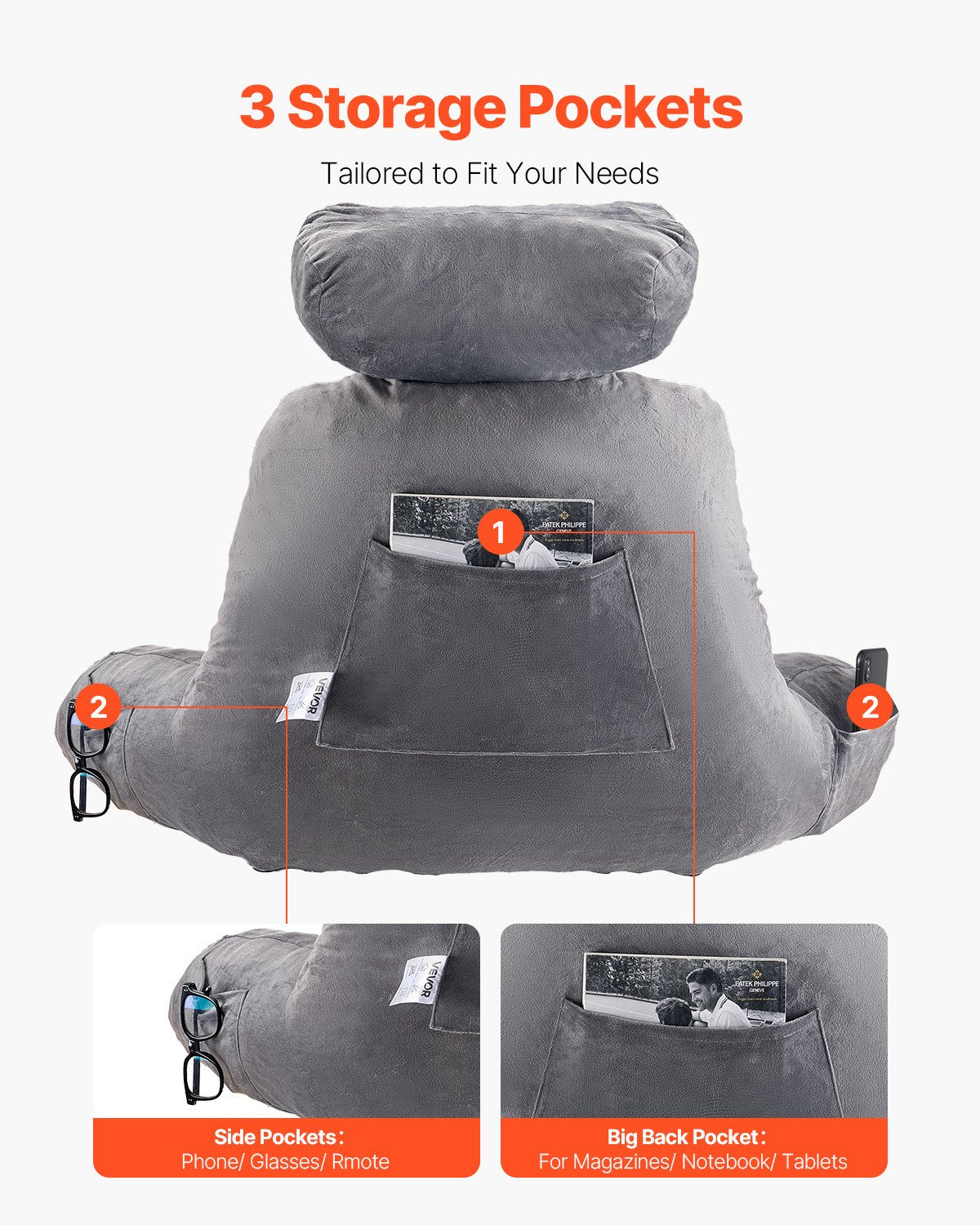 VEVOR Reading Pillow, Large Bed Pillow with Removable Headrest, Back Pillow with 3 Pockets, Shredded Memory Foam and Washable Short Velvet Cloth, Side with Handles for Reading, Gaming, Resting, Grey