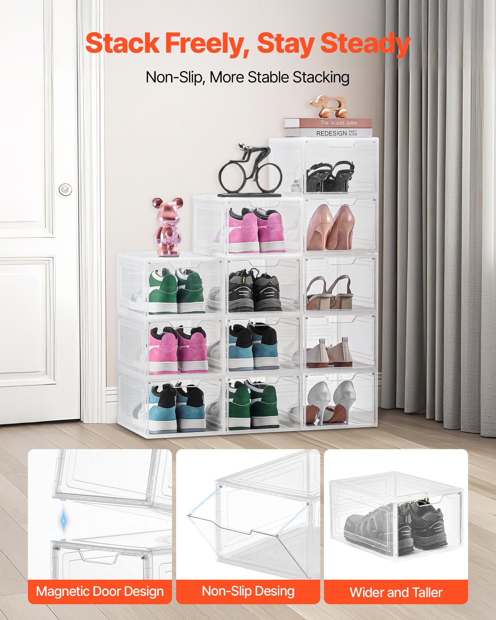 VEVOR Shoe Storage Boxes, 12 Pack Clear Stackable Shoe Boxes Storage Organizers with Magnetic Door, Fit up to US Size 13, Plastic Sneaker Containers for High Heels, Boots, and Hats, Transparent White