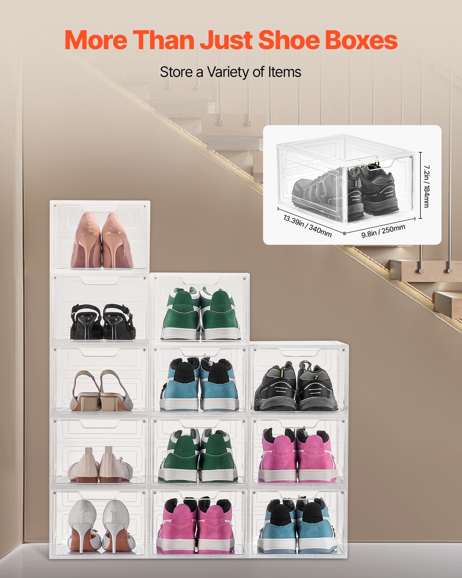 VEVOR Shoe Storage Boxes, 12 Pack Clear Stackable Shoe Boxes Storage Organizers with Magnetic Door, Fit up to US Size 13, Plastic Sneaker Containers for High Heels, Boots, and Hats, Transparent White