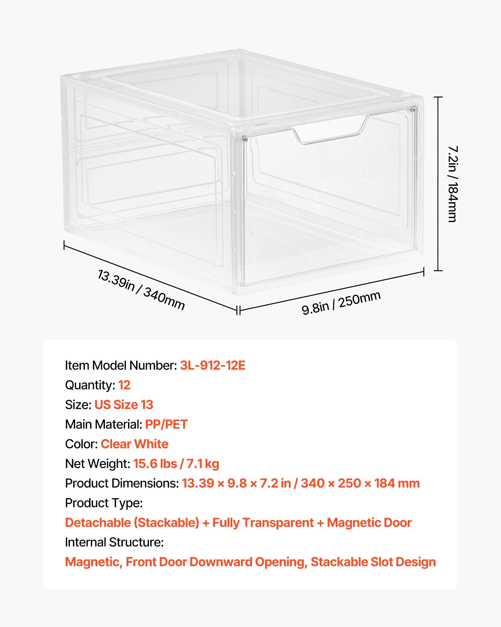 VEVOR Shoe Storage Boxes, 12 Pack Clear Stackable Shoe Boxes Storage Organizers with Magnetic Door, Fit up to US Size 13, Plastic Sneaker Containers for High Heels, Boots, and Hats, Transparent White