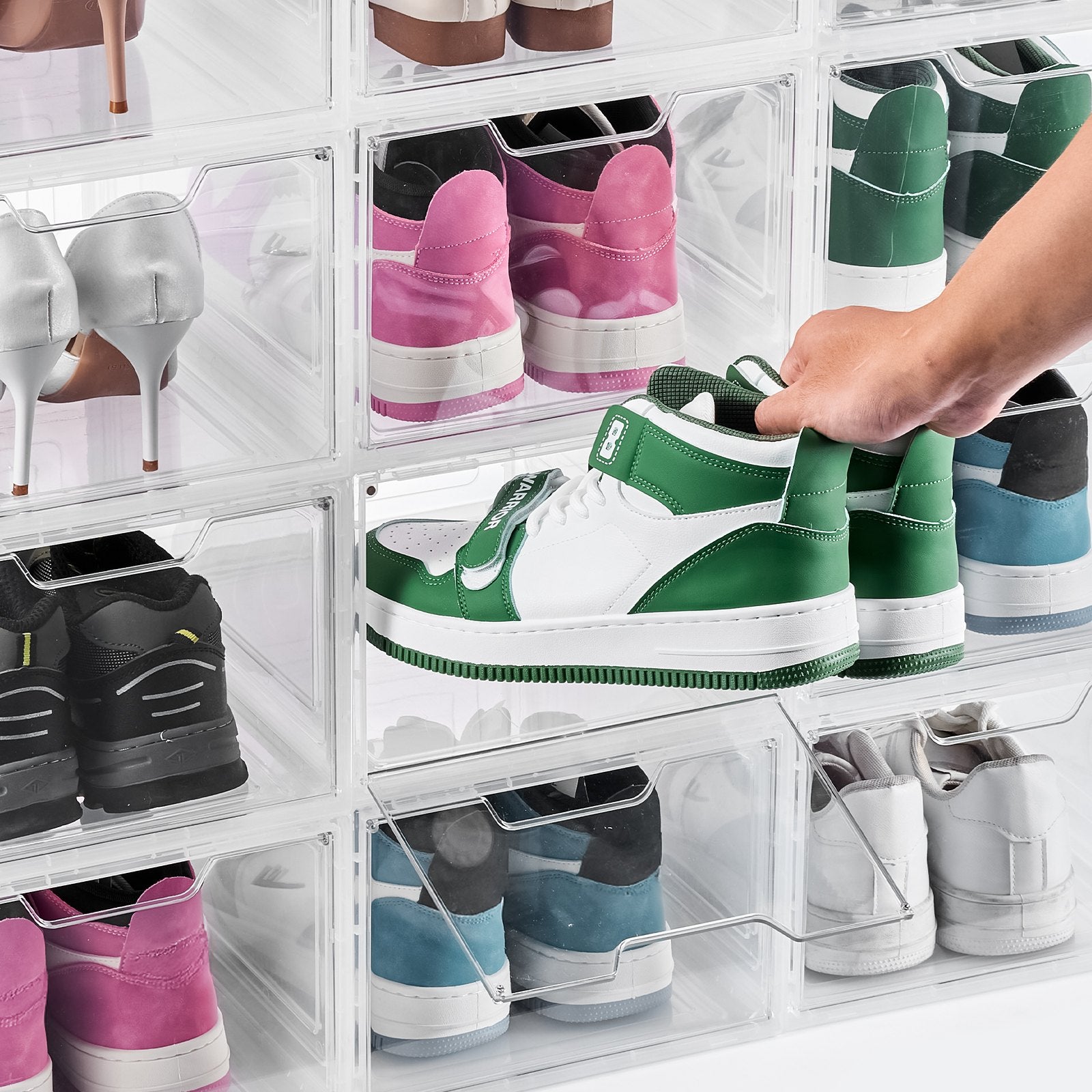 VEVOR Shoe Storage Boxes, 12 Pack Clear Stackable Shoe Boxes Storage Organizers with Magnetic Door, Fit up to US Size 13, Plastic Sneaker Containers for High Heels, Boots, and Hats, Transparent White