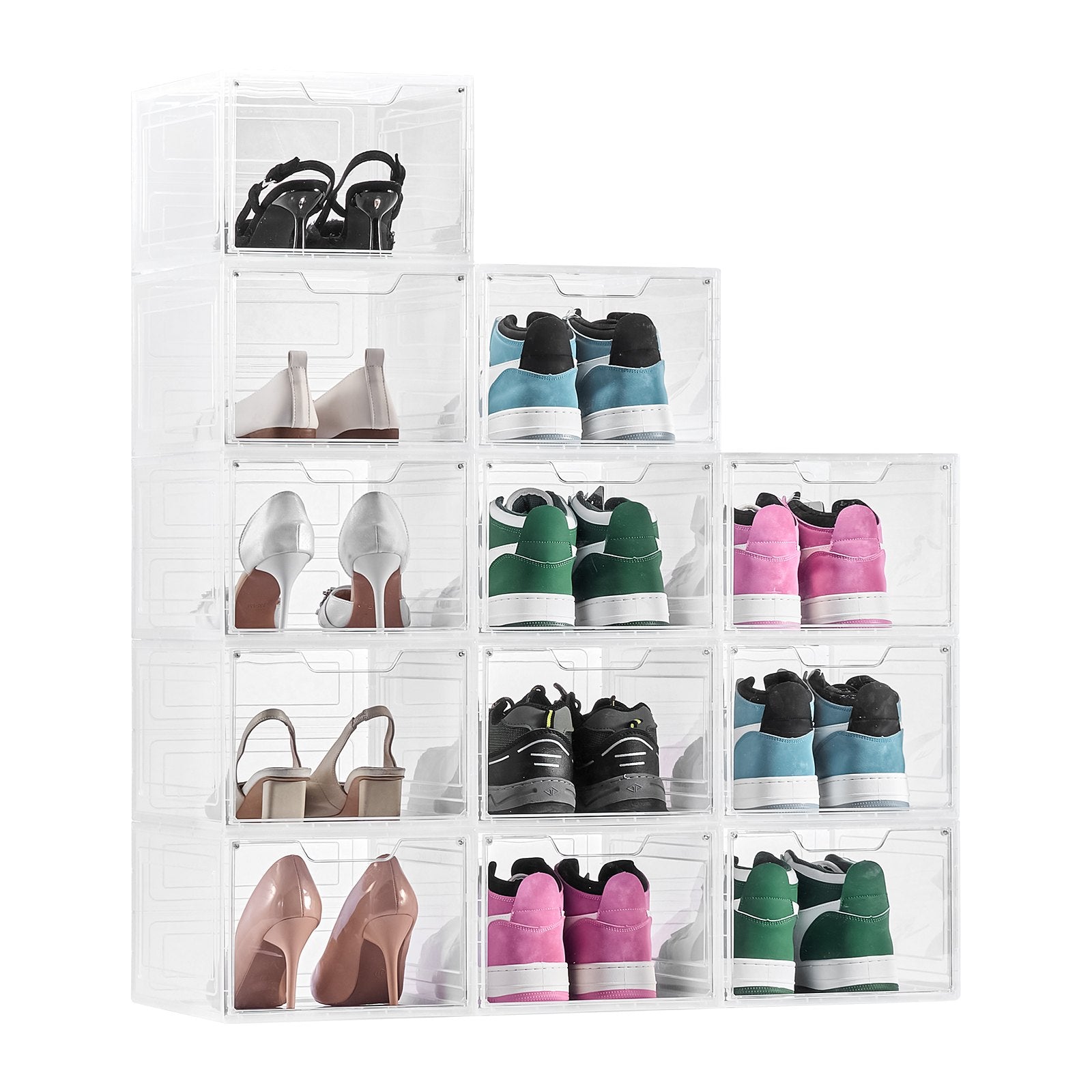 VEVOR Shoe Storage Boxes, 12 Pack Clear Stackable Shoe Boxes Storage Organizers with Magnetic Door, Fit up to US Size 13, Plastic Sneaker Containers for High Heels, Boots, and Hats, Transparent White
