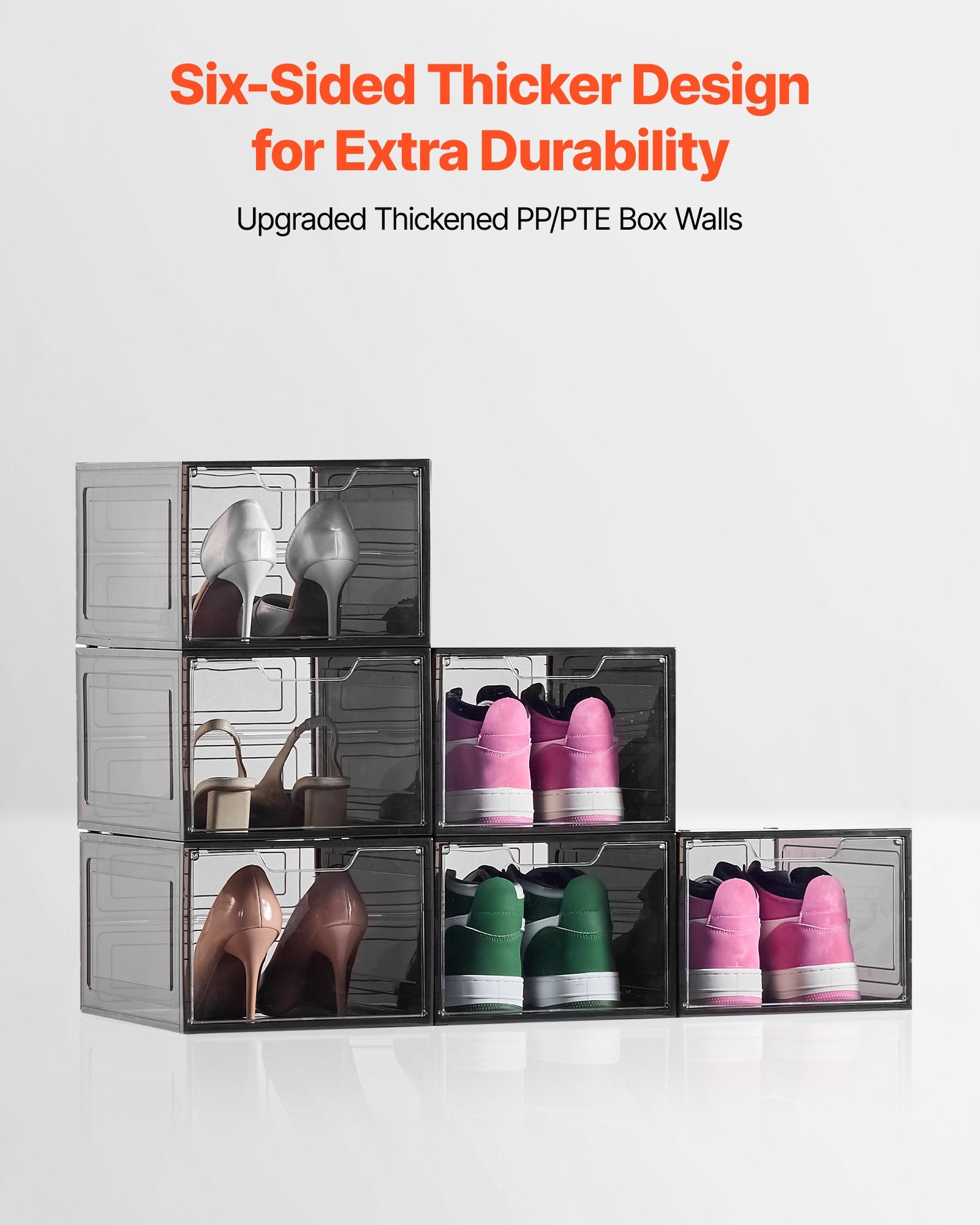VEVOR Shoe Storage Boxes, 6 Pack Clear Stackable Shoe Boxes Storage Organizers with Magnetic Door, Fit up to US Size 13, Plastic Sneaker Containers for High Heels, Boots, and Hats, Transparent Black
