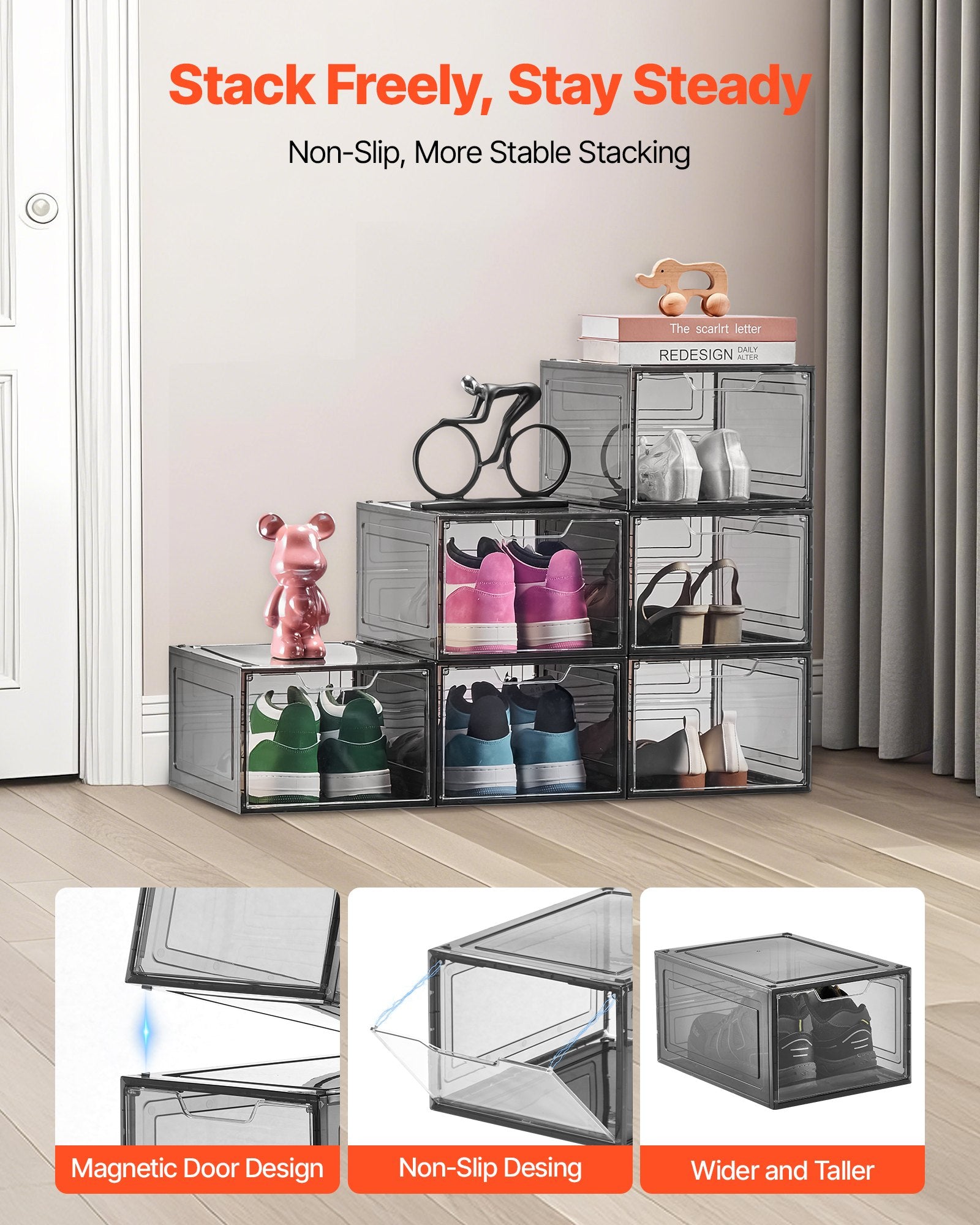 VEVOR Shoe Storage Boxes, 6 Pack Clear Stackable Shoe Boxes Storage Organizers with Magnetic Door, Fit up to US Size 13, Plastic Sneaker Containers for High Heels, Boots, and Hats, Transparent Black