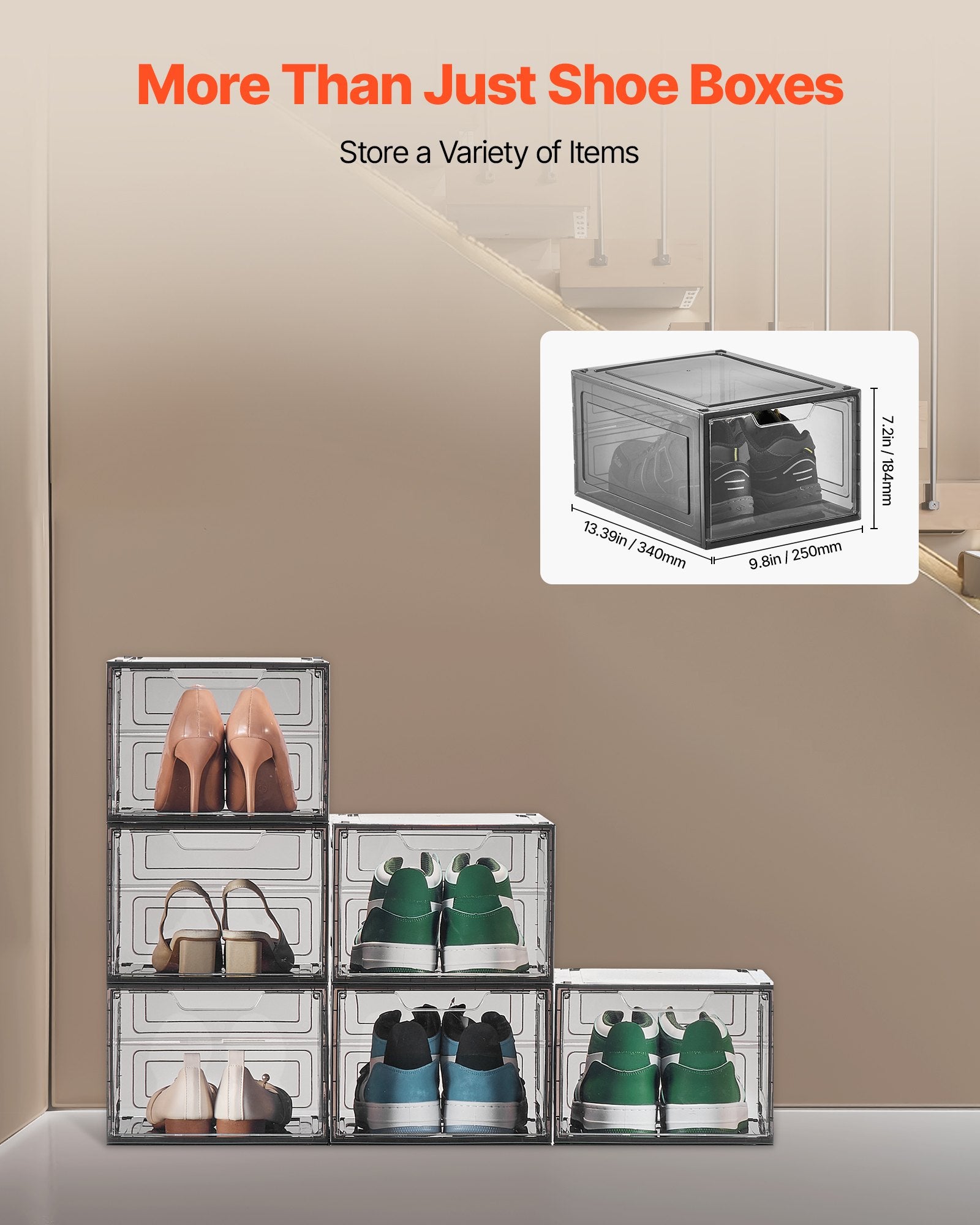 VEVOR Shoe Storage Boxes, 6 Pack Clear Stackable Shoe Boxes Storage Organizers with Magnetic Door, Fit up to US Size 13, Plastic Sneaker Containers for High Heels, Boots, and Hats, Transparent Black
