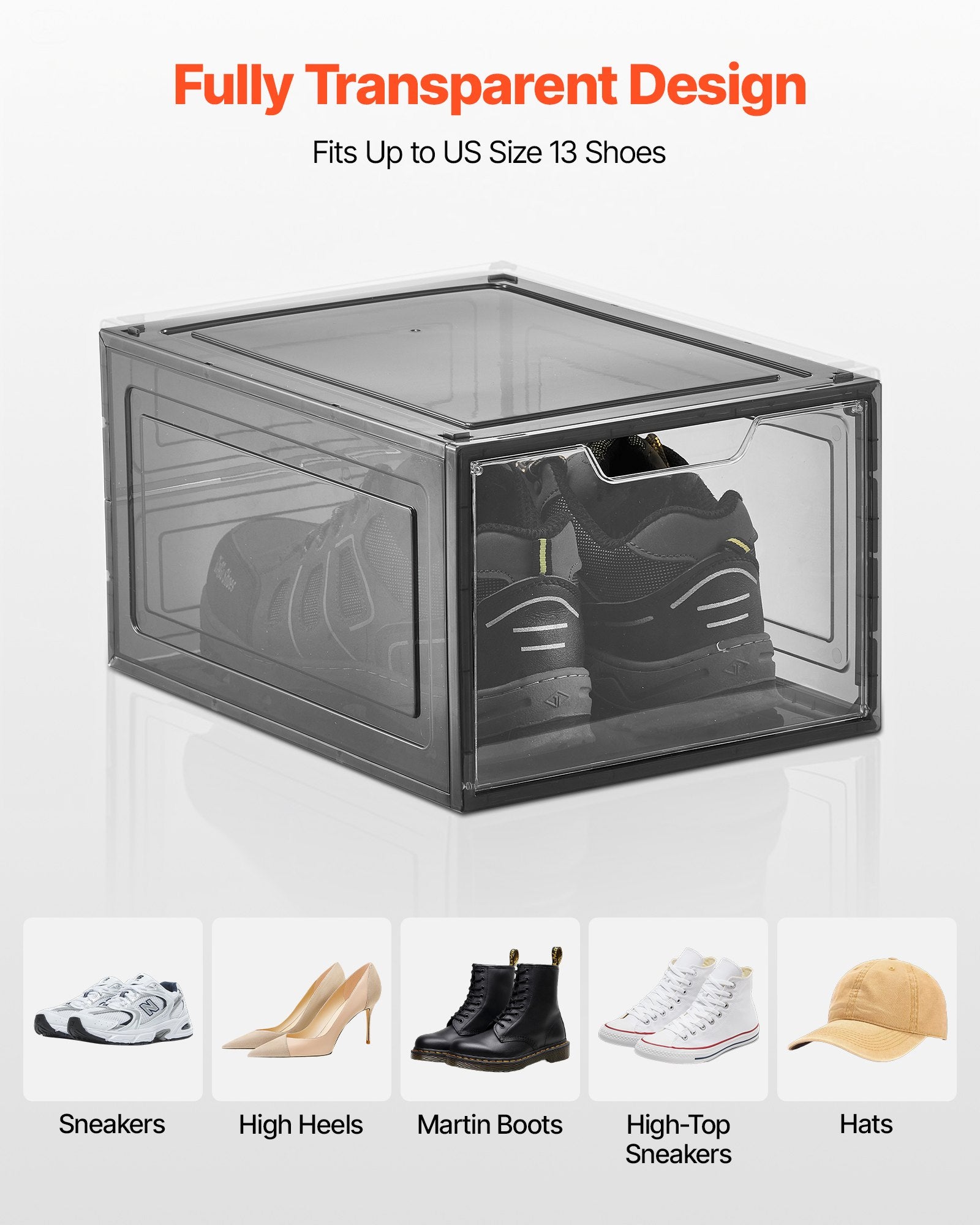 VEVOR Shoe Storage Boxes, 6 Pack Clear Stackable Shoe Boxes Storage Organizers with Magnetic Door, Fit up to US Size 13, Plastic Sneaker Containers for High Heels, Boots, and Hats, Transparent Black