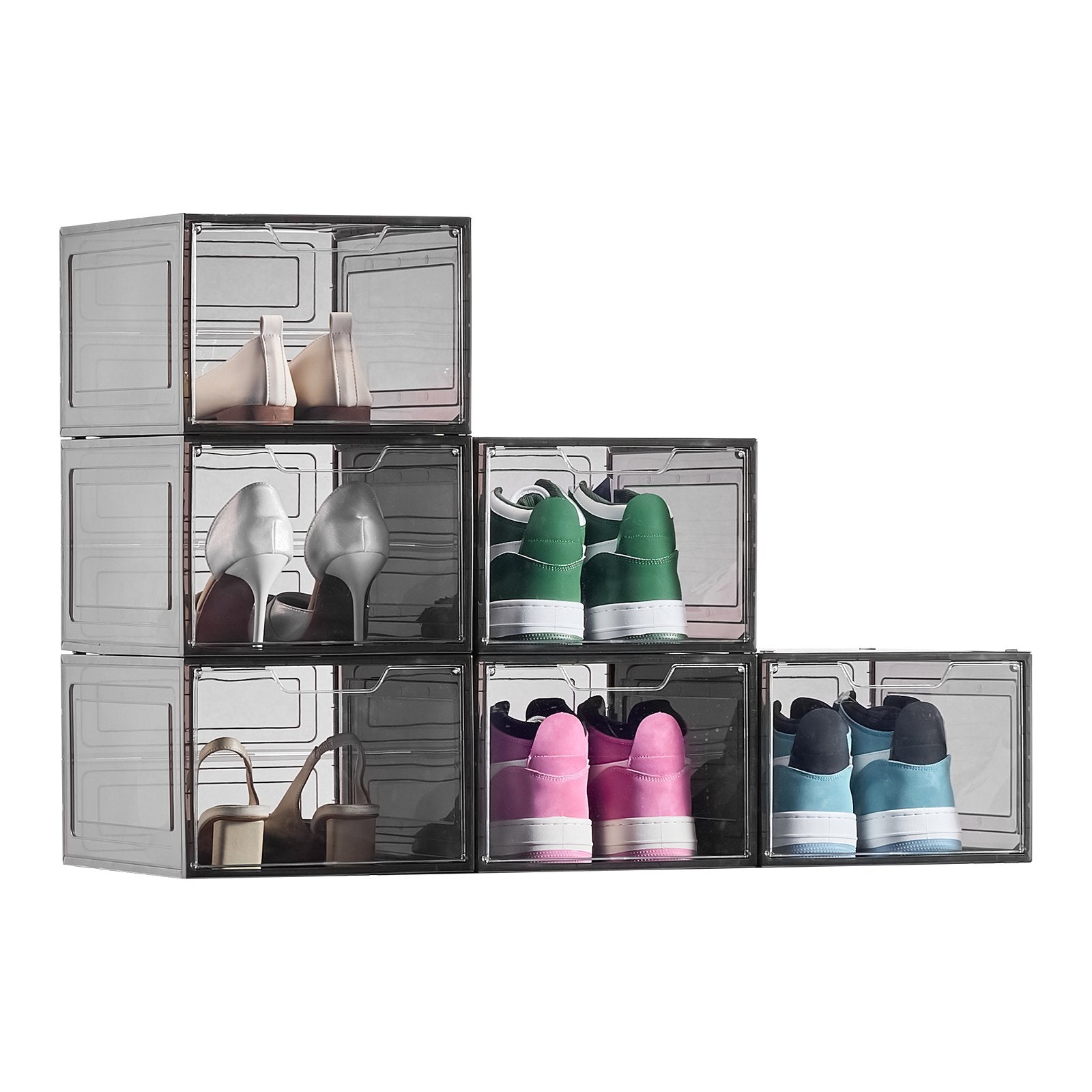 VEVOR Shoe Storage Boxes, 6 Pack Clear Stackable Shoe Boxes Storage Organizers with Magnetic Door, Fit up to US Size 13, Plastic Sneaker Containers for High Heels, Boots, and Hats, Transparent Black