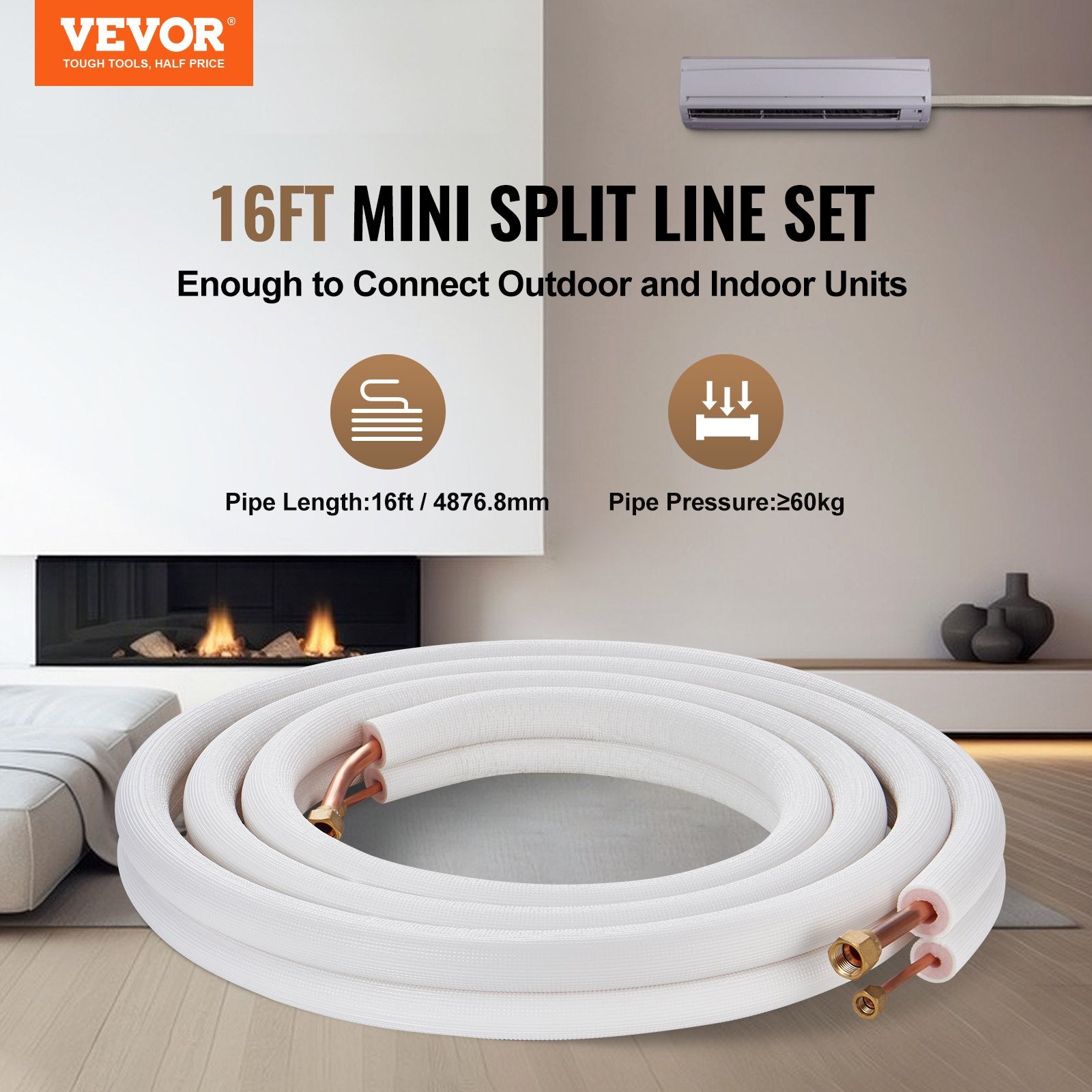 VEVOR 4876.8mm Mini Split Line Set, 6.4 & 12.7mm O.D Copper Pipes Tubing and Triple-Layer Insulation, for Air Conditioning or Heating Pump Equipment & HVAC with Rich Accessories 18ft Connection Cable