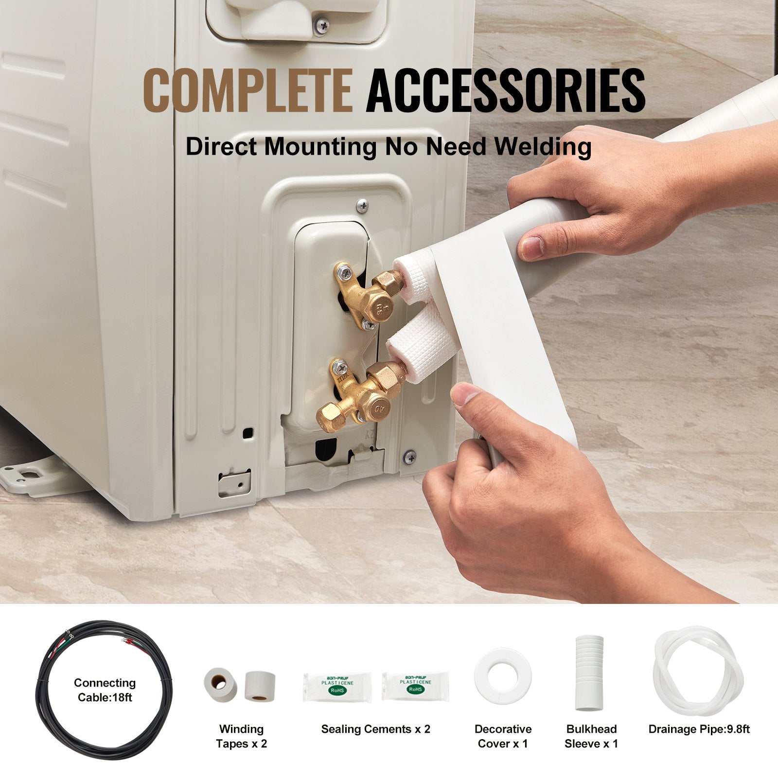 VEVOR 4876.8mm Mini Split Line Set, 6.4 & 12.7mm O.D Copper Pipes Tubing and Triple-Layer Insulation, for Air Conditioning or Heating Pump Equipment & HVAC with Rich Accessories 18ft Connection Cable