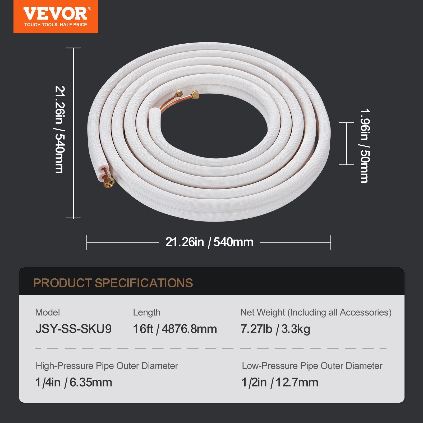 VEVOR 4876.8mm Mini Split Line Set, 6.4 & 12.7mm O.D Copper Pipes Tubing and Triple-Layer Insulation, for Air Conditioning or Heating Pump Equipment & HVAC with Rich Accessories 18ft Connection Cable