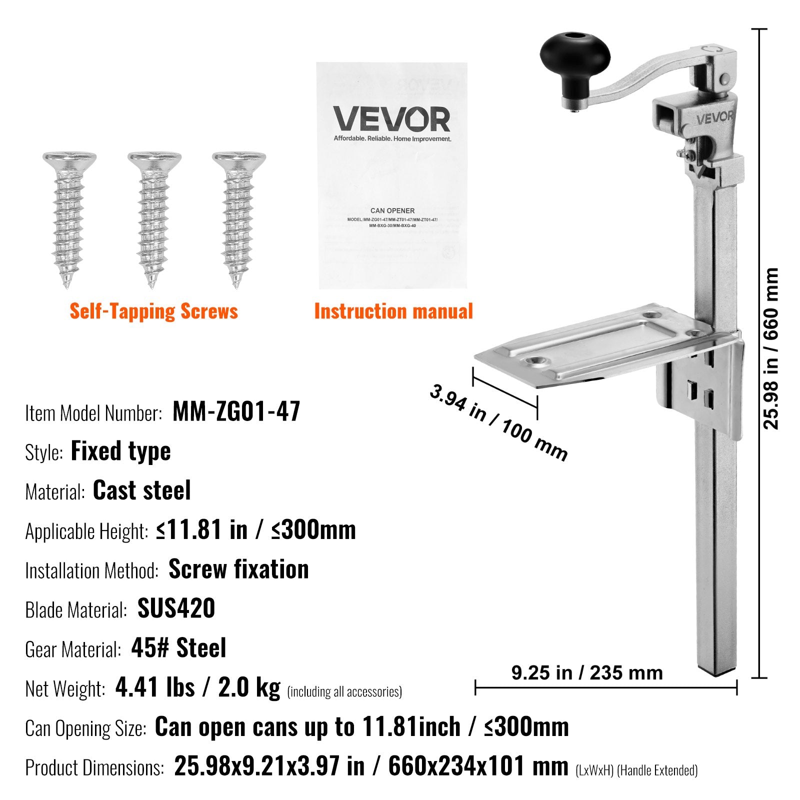 VEVOR Commercial Can Opener, Heavy-Duty Manual Tabletop Cans Opener for Cans Up to 300 mm Height, Height-Adjustable Professional Can Openers Fixed with Screws, for Restaurant, Hotel, and Food Store