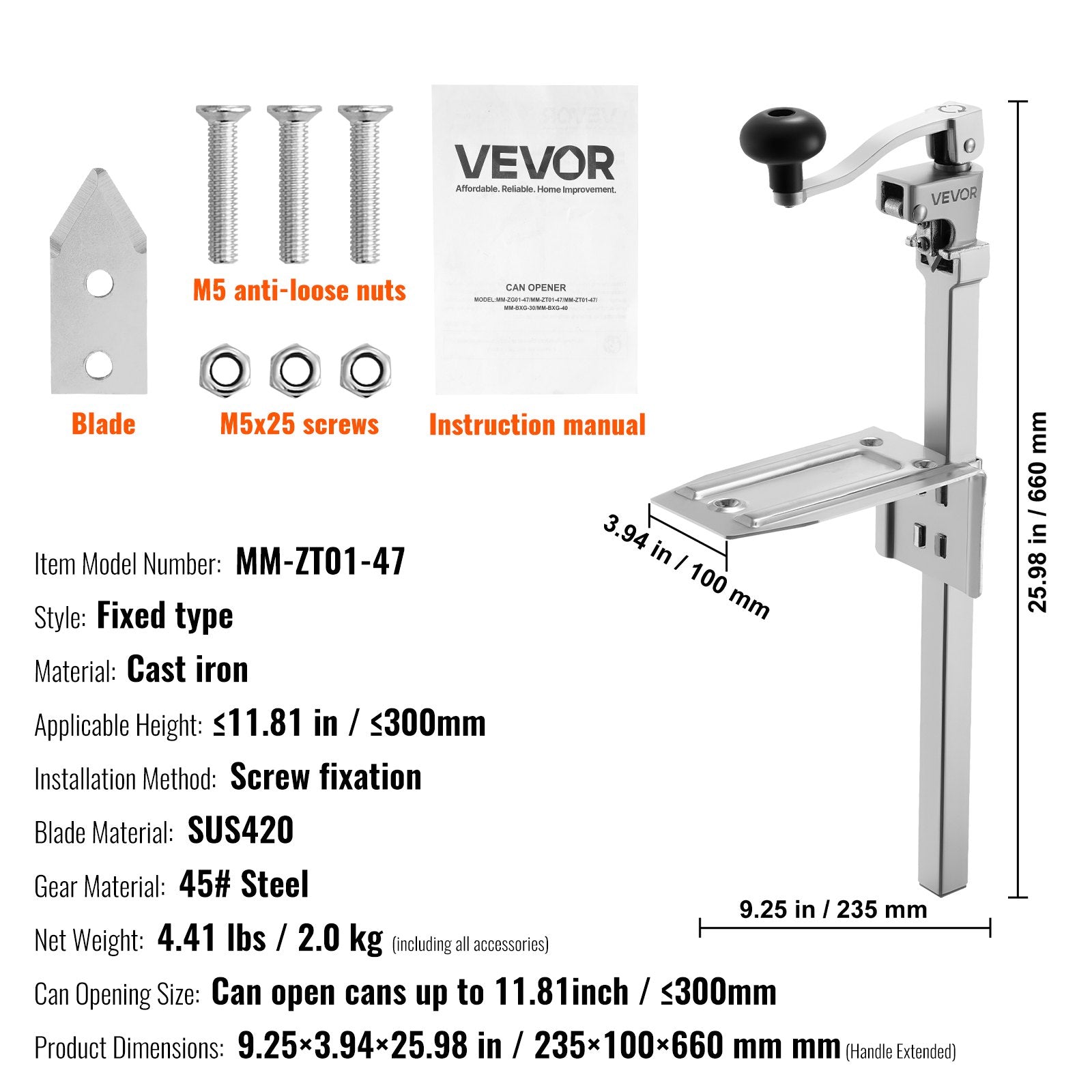 VEVOR Commercial Can Opener, Heavy-Duty Manual Tabletop Cans Opener for Cans Up to 300 mm Height, Height-Adjustable Professional Can Openers with Stainless Steel Blade, for Restaurant & Food Store