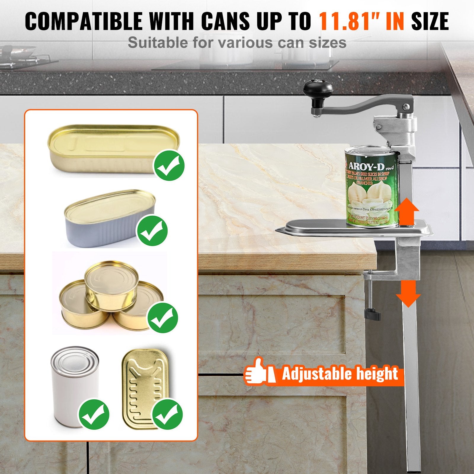 VEVOR Commercial Can Opener, Heavy-Duty Manual Tabletop Cans Opener for Cans Up to 300 mm Height, Height-Adjustable Can Openers Fixed with Screws & Table Clamp, for Restaurant, Hotel, and Food Store