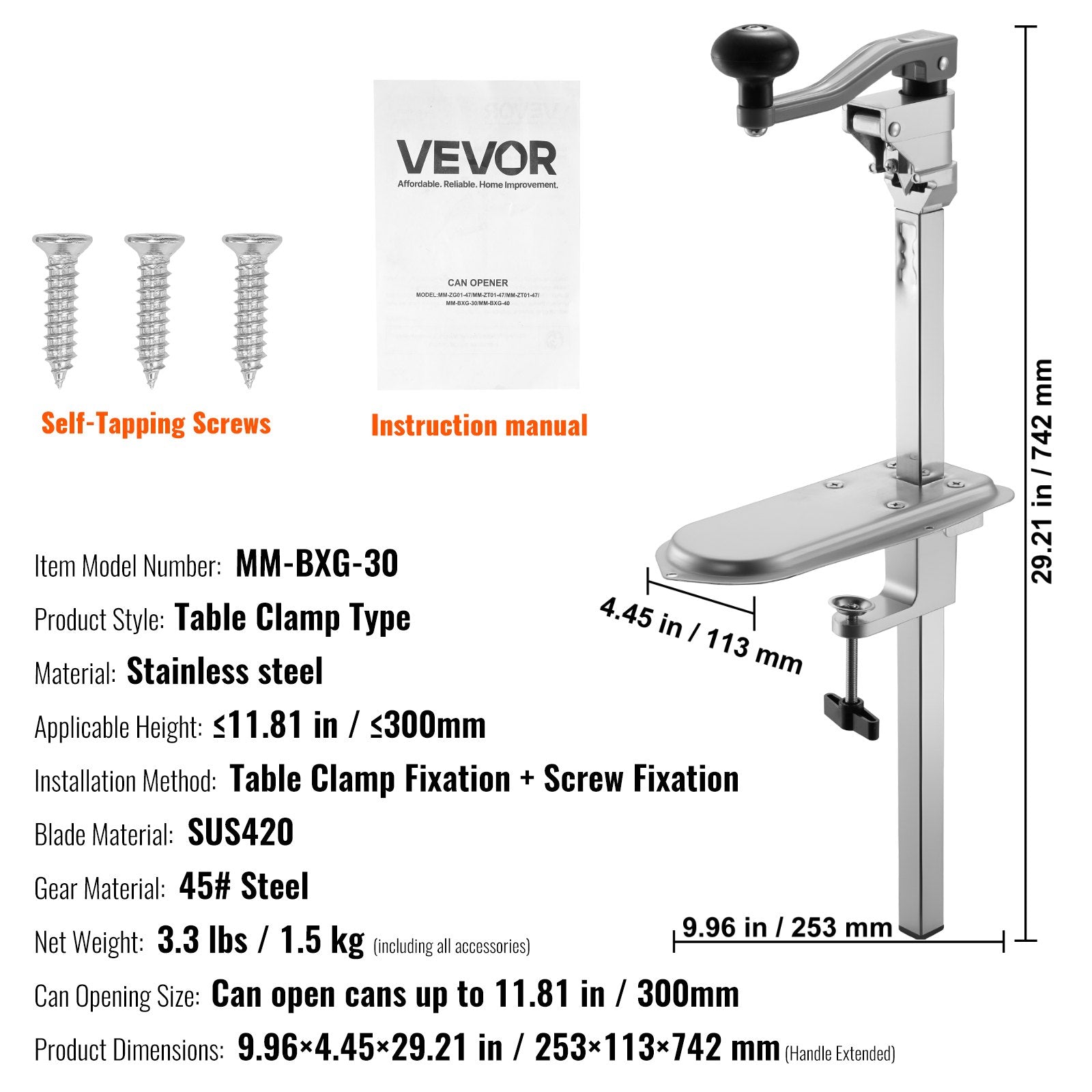 VEVOR Commercial Can Opener, Heavy-Duty Manual Tabletop Cans Opener for Cans Up to 300 mm Height, Height-Adjustable Can Openers Fixed with Screws & Table Clamp, for Restaurant, Hotel, and Food Store