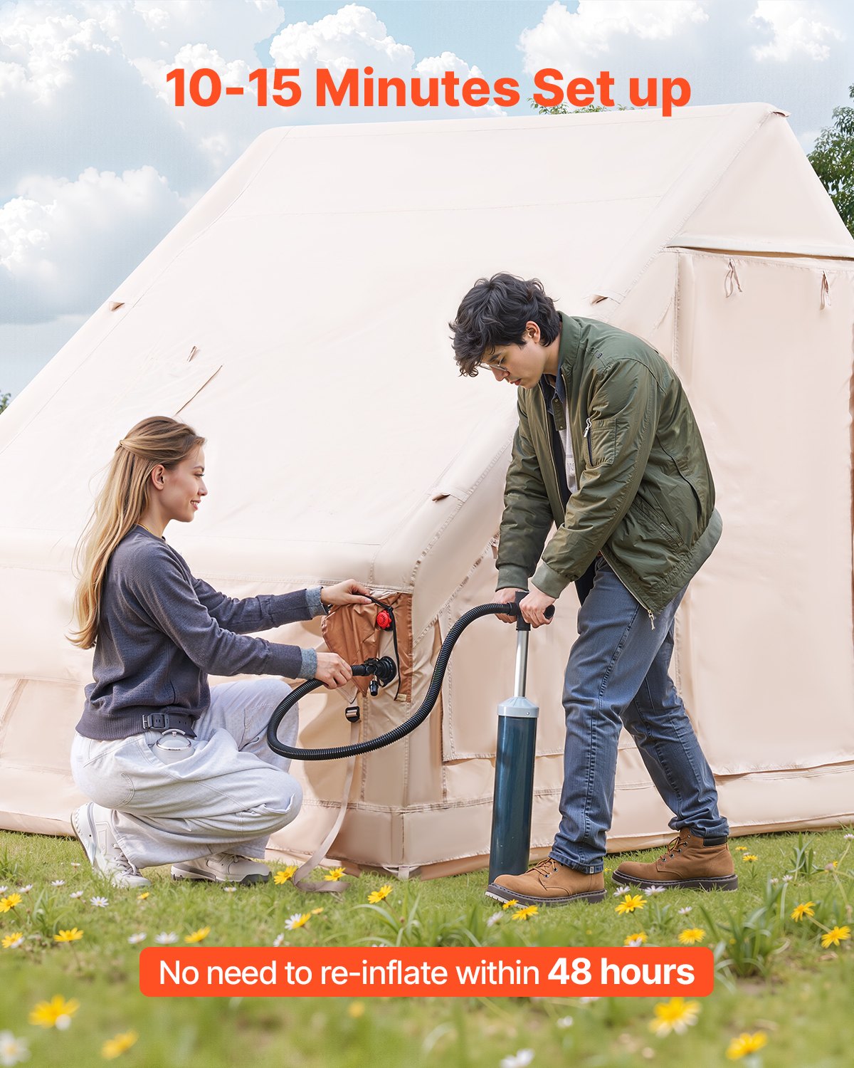 VEVOR Inflatable Tents for Camping, 3-5 Person Easy Setup Blow up Tent with Hand Pump, 300D Oxford 4 Season Glamping Tent with Canopy, Stove Jack, 2 Doors & 2 Mesh Windows Storage Bag Included
