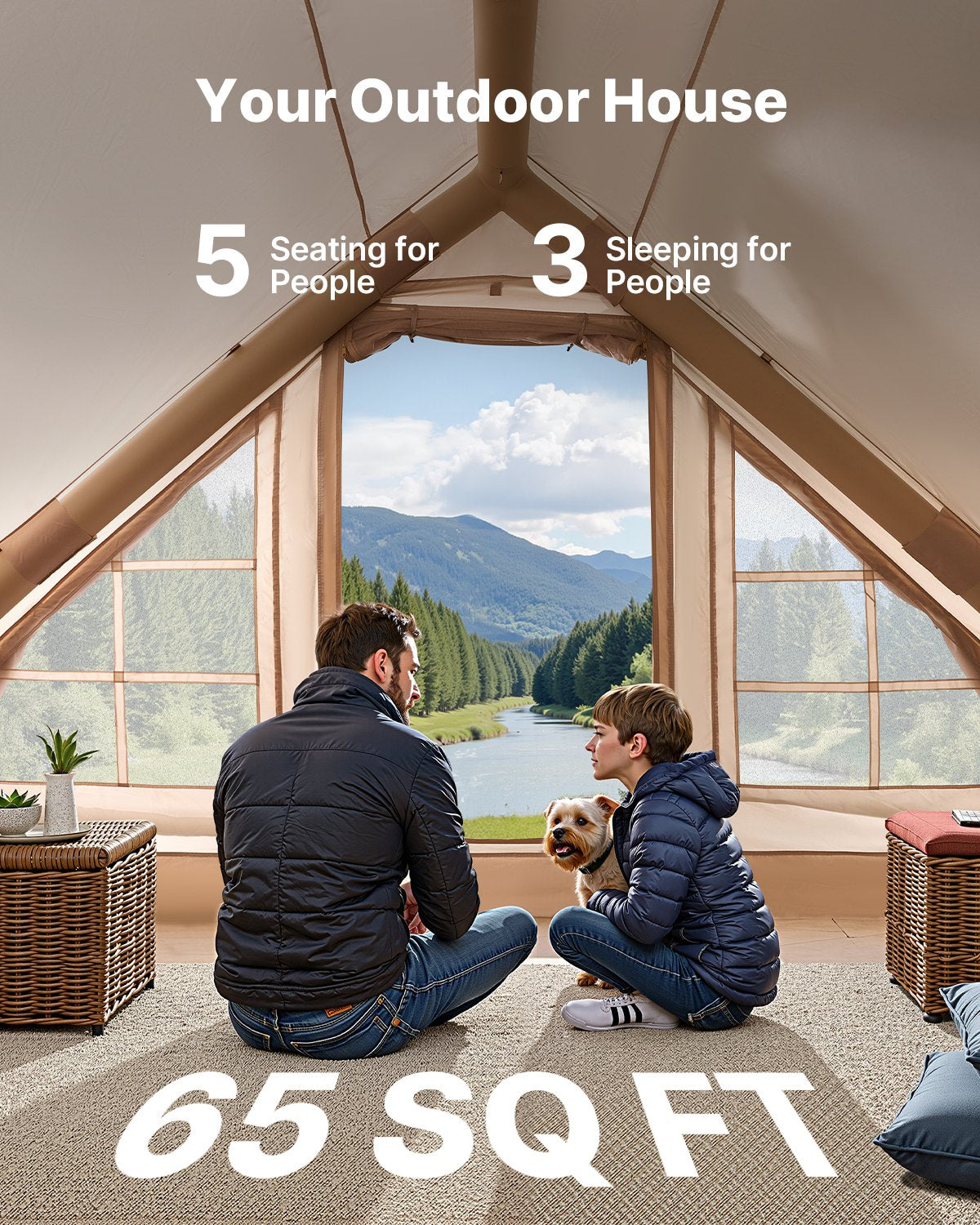 VEVOR Inflatable Tents for Camping, 3-5 Person Easy Setup Blow up Tent with Hand Pump, 300D Oxford 4 Season Glamping Tent with Canopy, Stove Jack, 2 Doors & 2 Mesh Windows Storage Bag Included