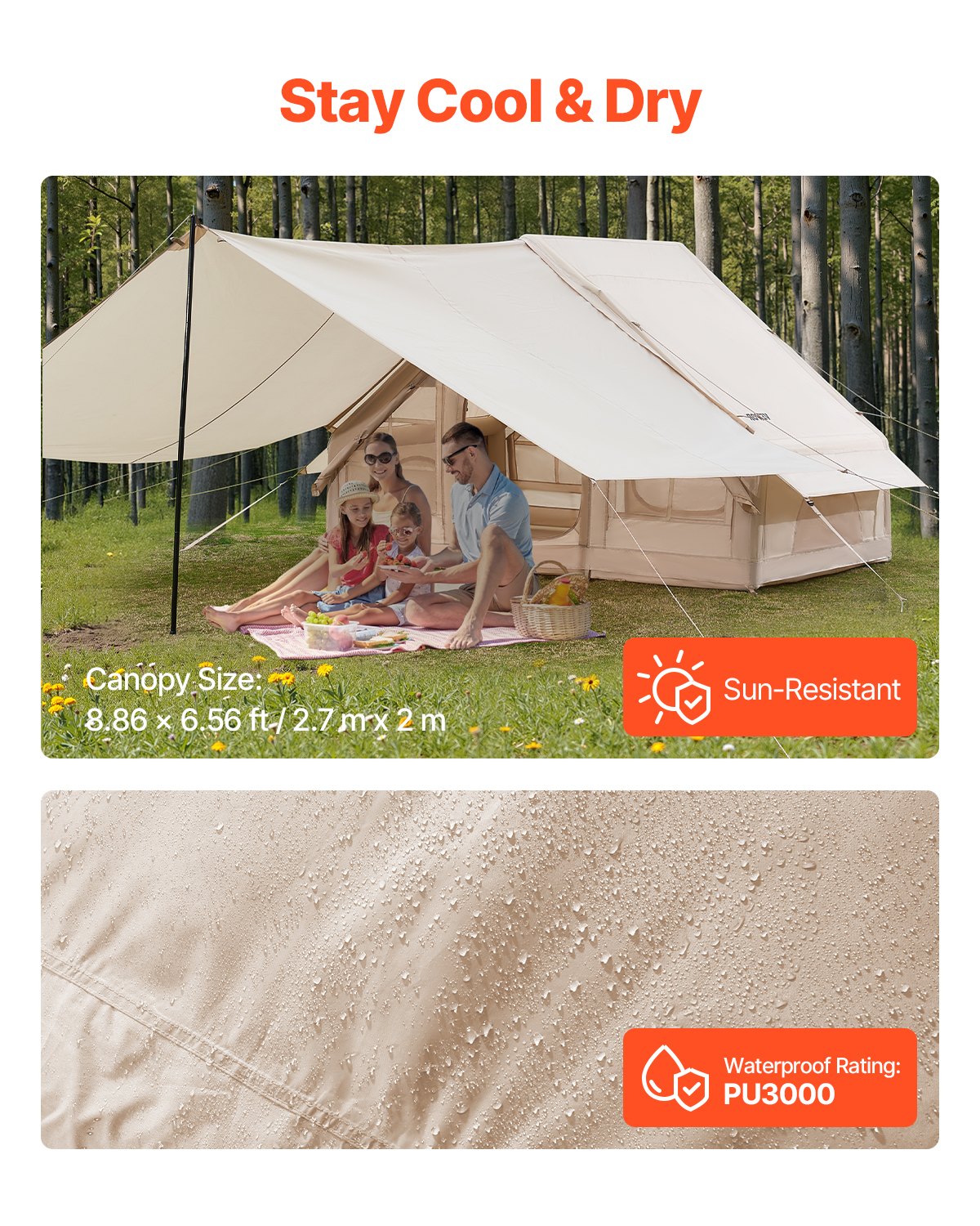 VEVOR Inflatable Tents for Camping, 3-5 Person Easy Setup Blow up Tent with Hand Pump, 300D Oxford 4 Season Glamping Tent with Canopy, Stove Jack, 2 Doors & 2 Mesh Windows Storage Bag Included