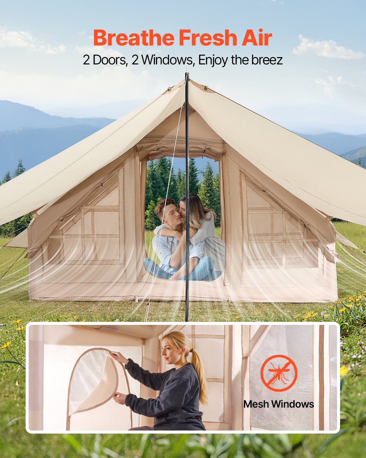 VEVOR Inflatable Tents for Camping, 3-5 Person Easy Setup Blow up Tent with Hand Pump, 300D Oxford 4 Season Glamping Tent with Canopy, Stove Jack, 2 Doors & 2 Mesh Windows Storage Bag Included