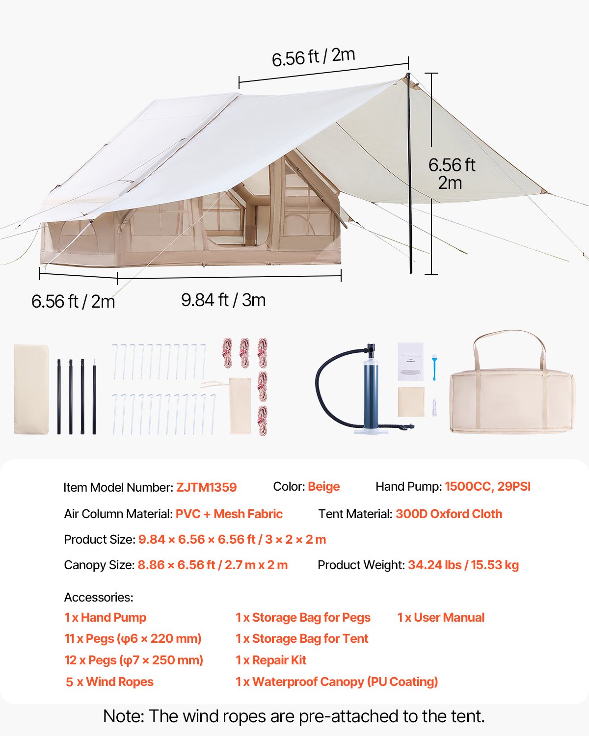 VEVOR Inflatable Tents for Camping, 3-5 Person Easy Setup Blow up Tent with Hand Pump, 300D Oxford 4 Season Glamping Tent with Canopy, Stove Jack, 2 Doors & 2 Mesh Windows Storage Bag Included