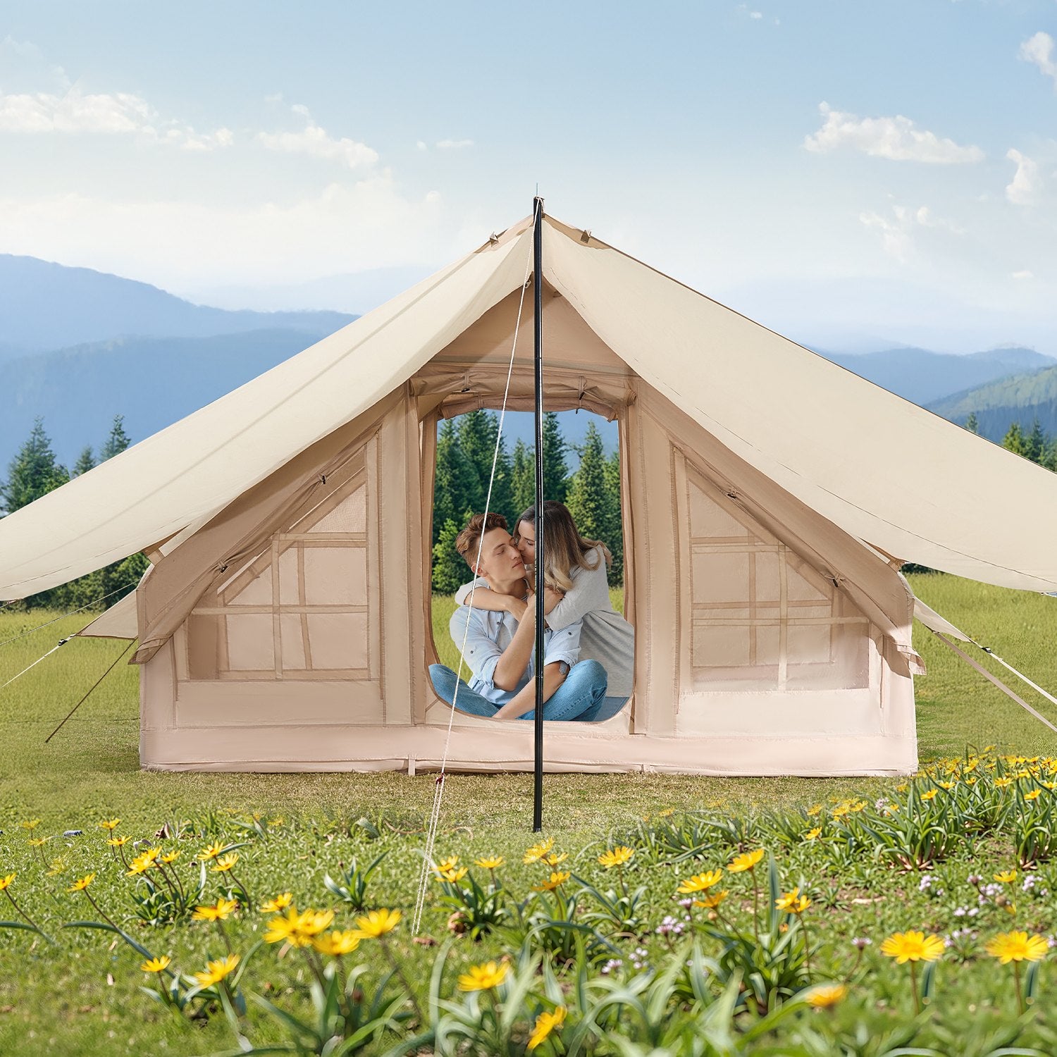 VEVOR Inflatable Tents for Camping, 3-5 Person Easy Setup Blow up Tent with Hand Pump, 300D Oxford 4 Season Glamping Tent with Canopy, Stove Jack, 2 Doors & 2 Mesh Windows Storage Bag Included