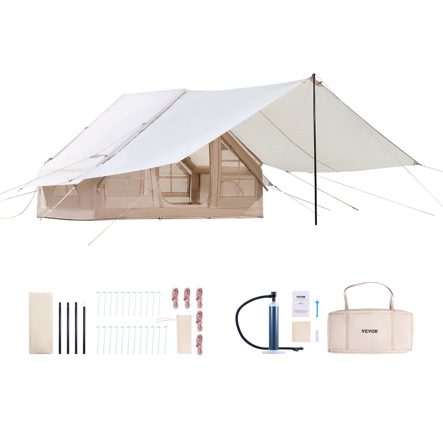 VEVOR Inflatable Tents for Camping, 3-5 Person Easy Setup Blow up Tent with Hand Pump, 300D Oxford 4 Season Glamping Tent with Canopy, Stove Jack, 2 Doors & 2 Mesh Windows Storage Bag Included