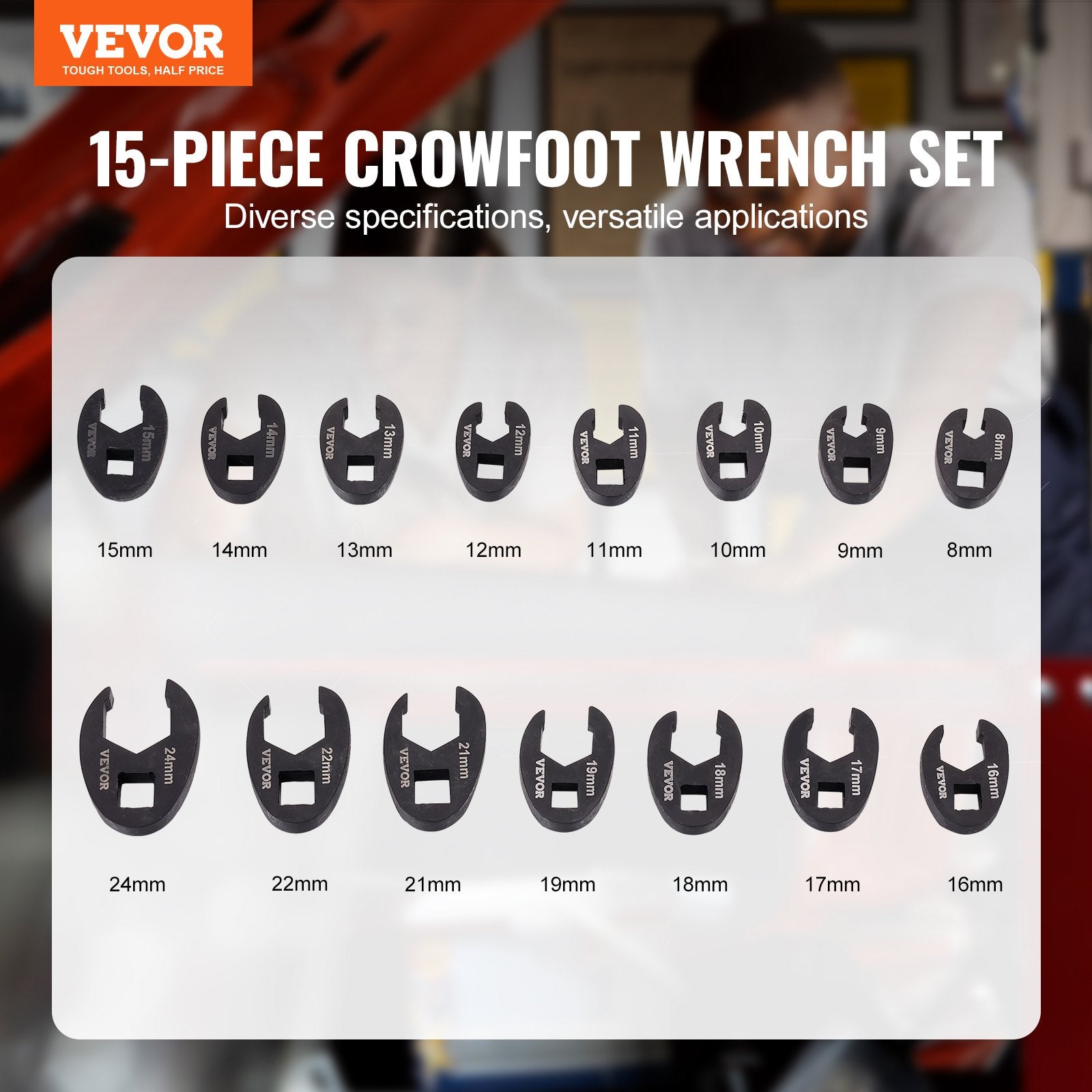VEVOR Crowfoot Wrench Set, 1/2" and 3/8" Drive 15-Piece Crows Foot Wrench Set with PP Storage Case, Metric 8-24 mm, CRMO Steel and Manganese Phosphate Finish, for Mechanical Maintenance or Repairs