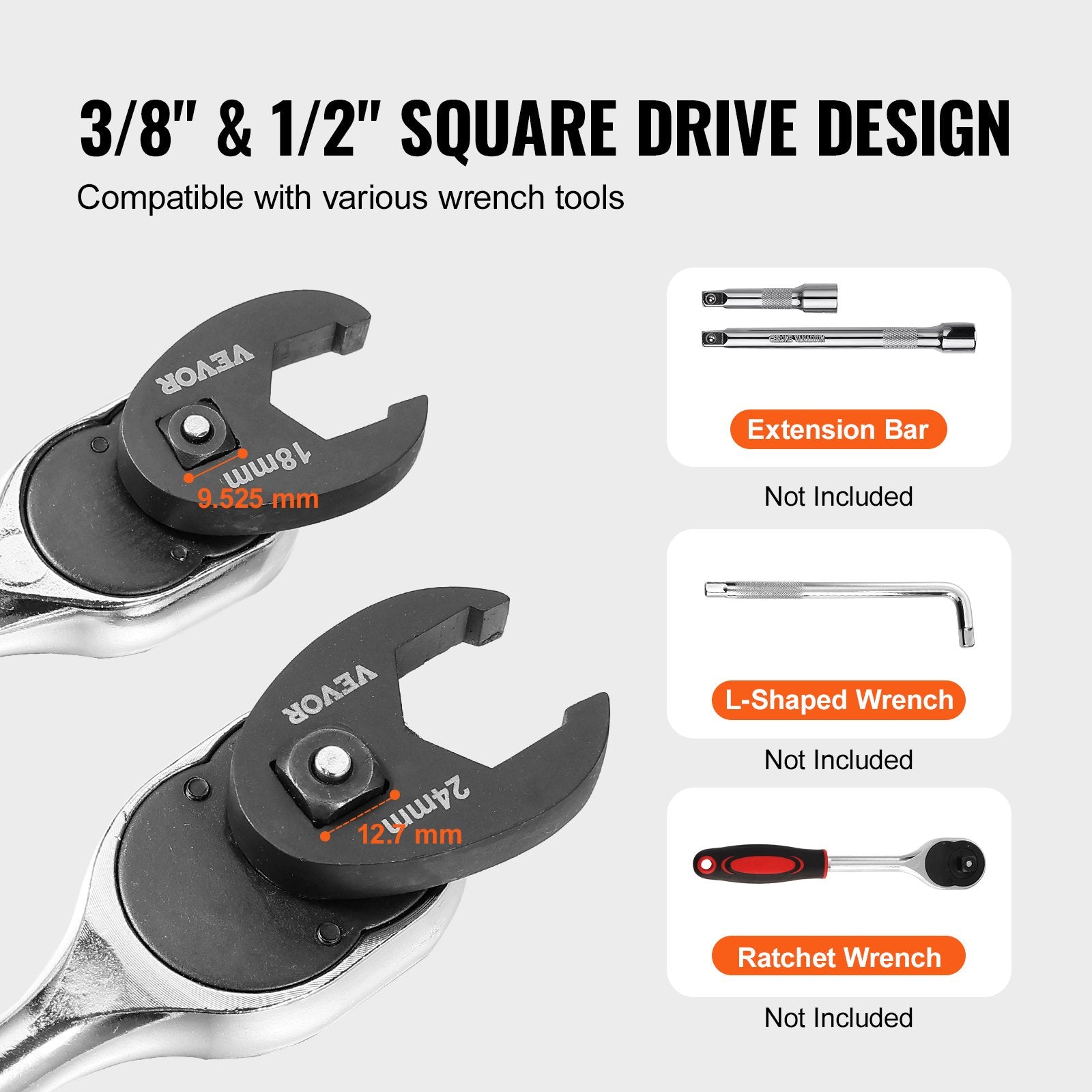 VEVOR Crowfoot Wrench Set, 1/2" and 3/8" Drive 15-Piece Crows Foot Wrench Set with PP Storage Case, Metric 8-24 mm, CRMO Steel and Manganese Phosphate Finish, for Mechanical Maintenance or Repairs