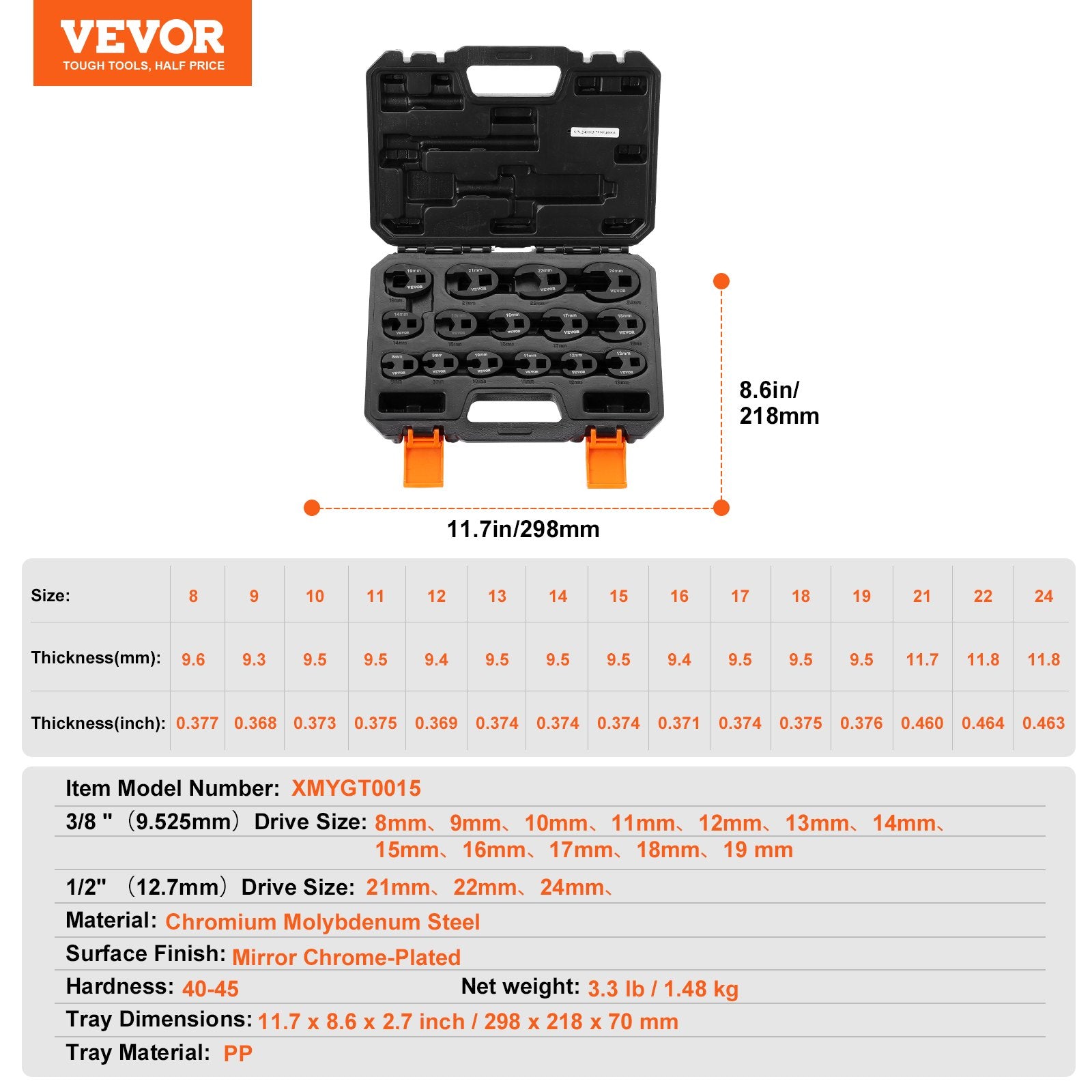 VEVOR Crowfoot Wrench Set, 1/2" and 3/8" Drive 15-Piece Crows Foot Wrench Set with PP Storage Case, Metric 8-24 mm, CRMO Steel and Manganese Phosphate Finish, for Mechanical Maintenance or Repairs