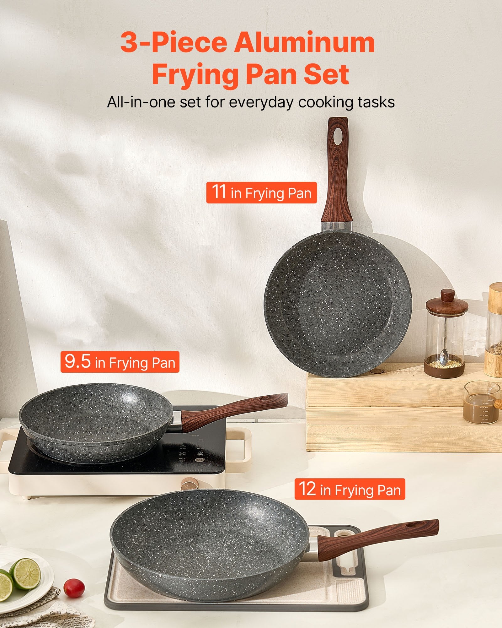 VEVOR Frying Pan Skillet, Aluminum Egg Fry Pans, 3 Piece Set 250, 280, 325 mm , Nonsitck Heavy-Duty Skillets with Heat-Resistant Handle, Chef's Kitchen Cookware, for Gas, Electric, Induction, Grey