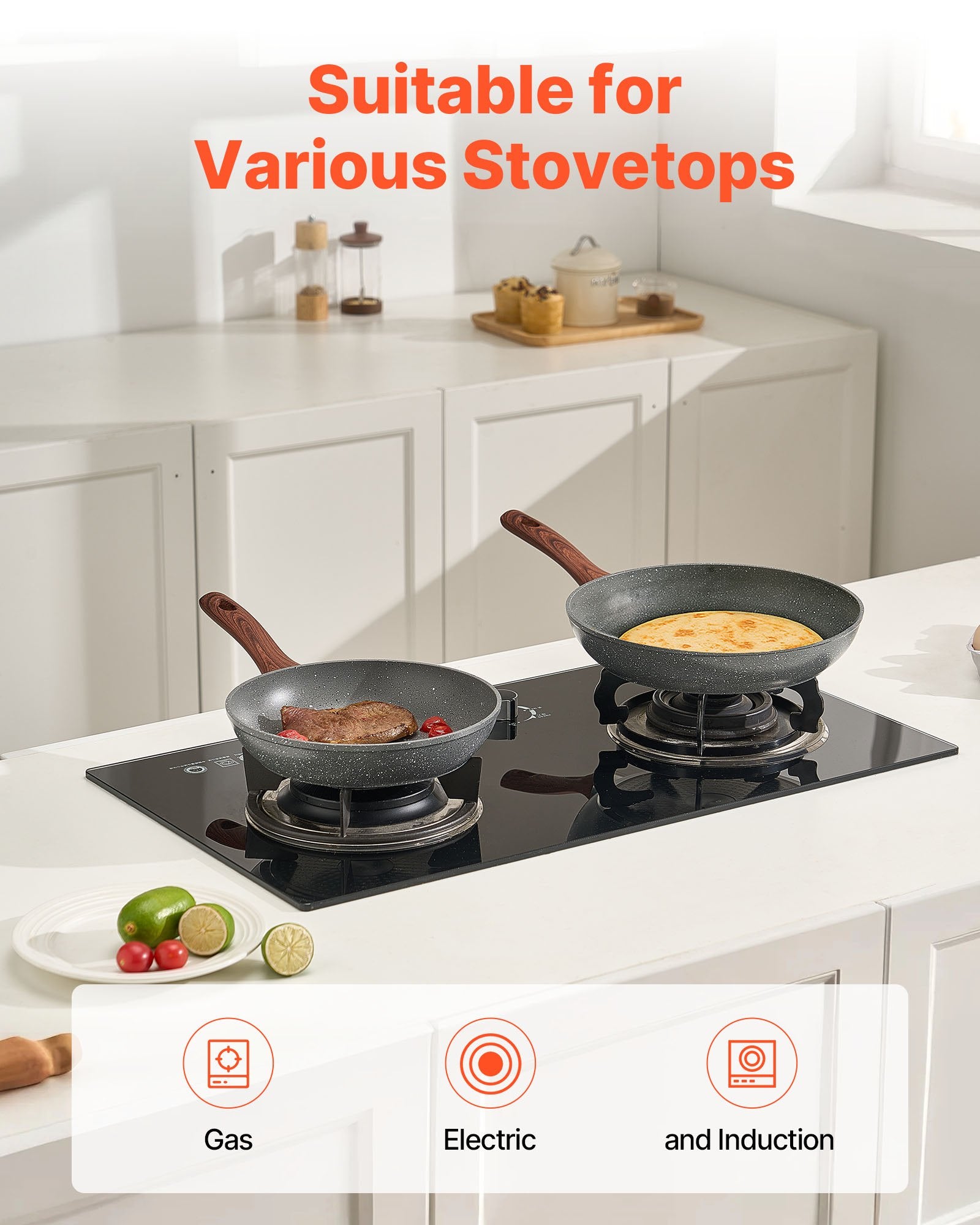 VEVOR Frying Pan Skillet, Aluminum Egg Fry Pans, 3 Piece Set 250, 280, 325 mm , Nonsitck Heavy-Duty Skillets with Heat-Resistant Handle, Chef's Kitchen Cookware, for Gas, Electric, Induction, Grey
