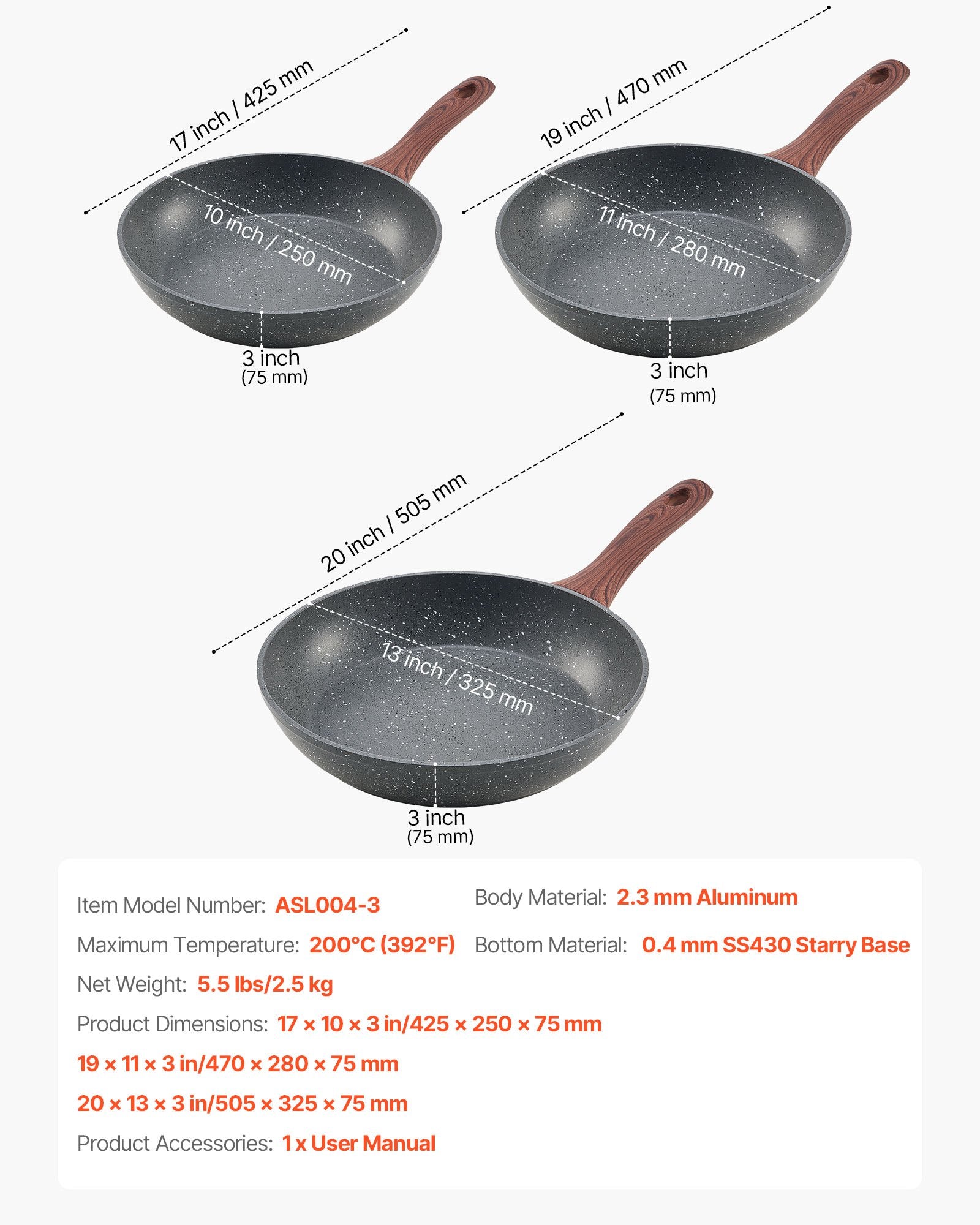 VEVOR Frying Pan Skillet, Aluminum Egg Fry Pans, 3 Piece Set 250, 280, 325 mm , Nonsitck Heavy-Duty Skillets with Heat-Resistant Handle, Chef's Kitchen Cookware, for Gas, Electric, Induction, Grey