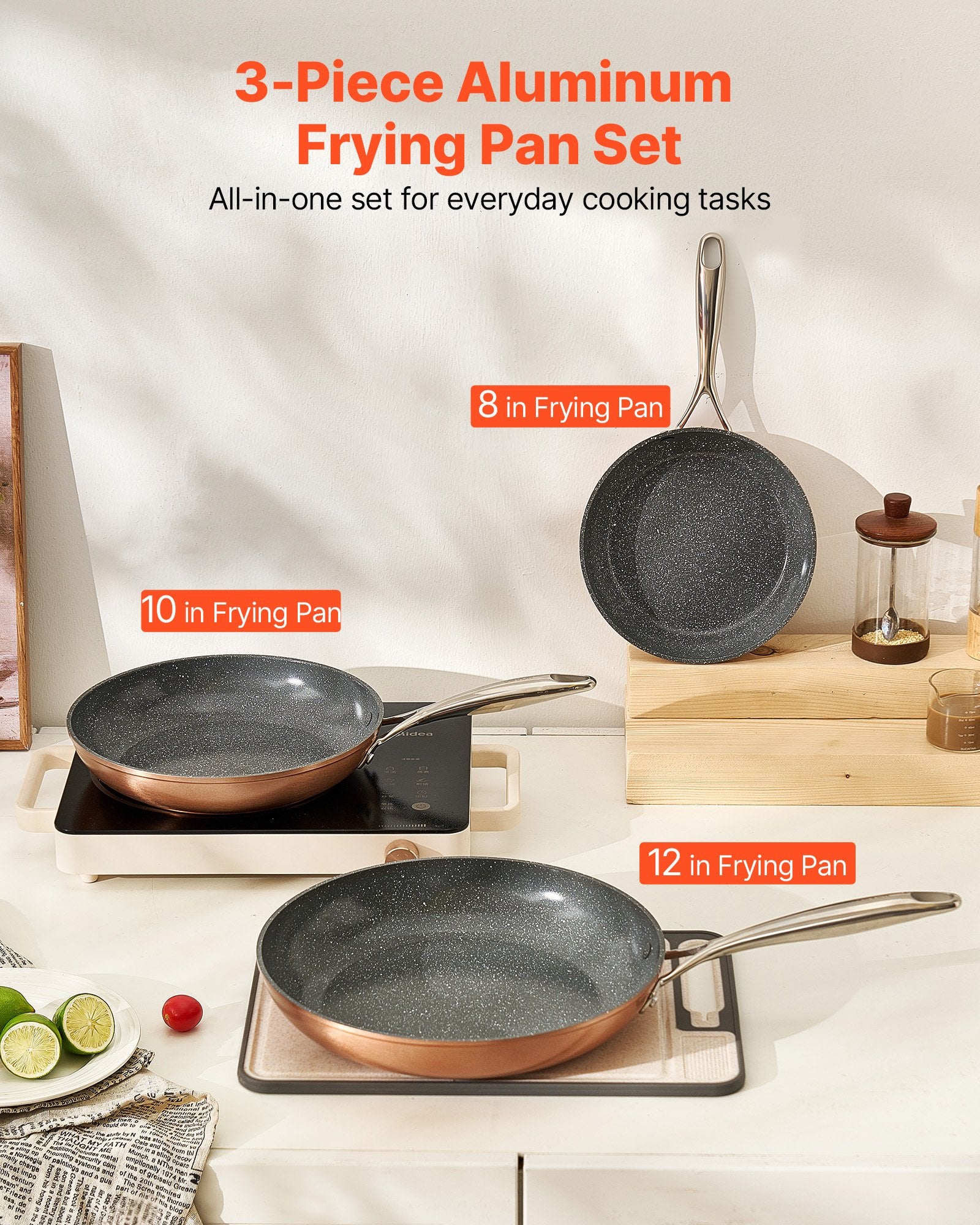 VEVOR Frying Pan Skillet, Aluminum Egg Fry Pans, 3 Piece 200, 270, 300 mm , Nonsitck Ceramic Heavy-Duty Skillets with Heat-Resistant Handle, Chef's Cookware, for Oven, Gas, Electric, Induction, Grey