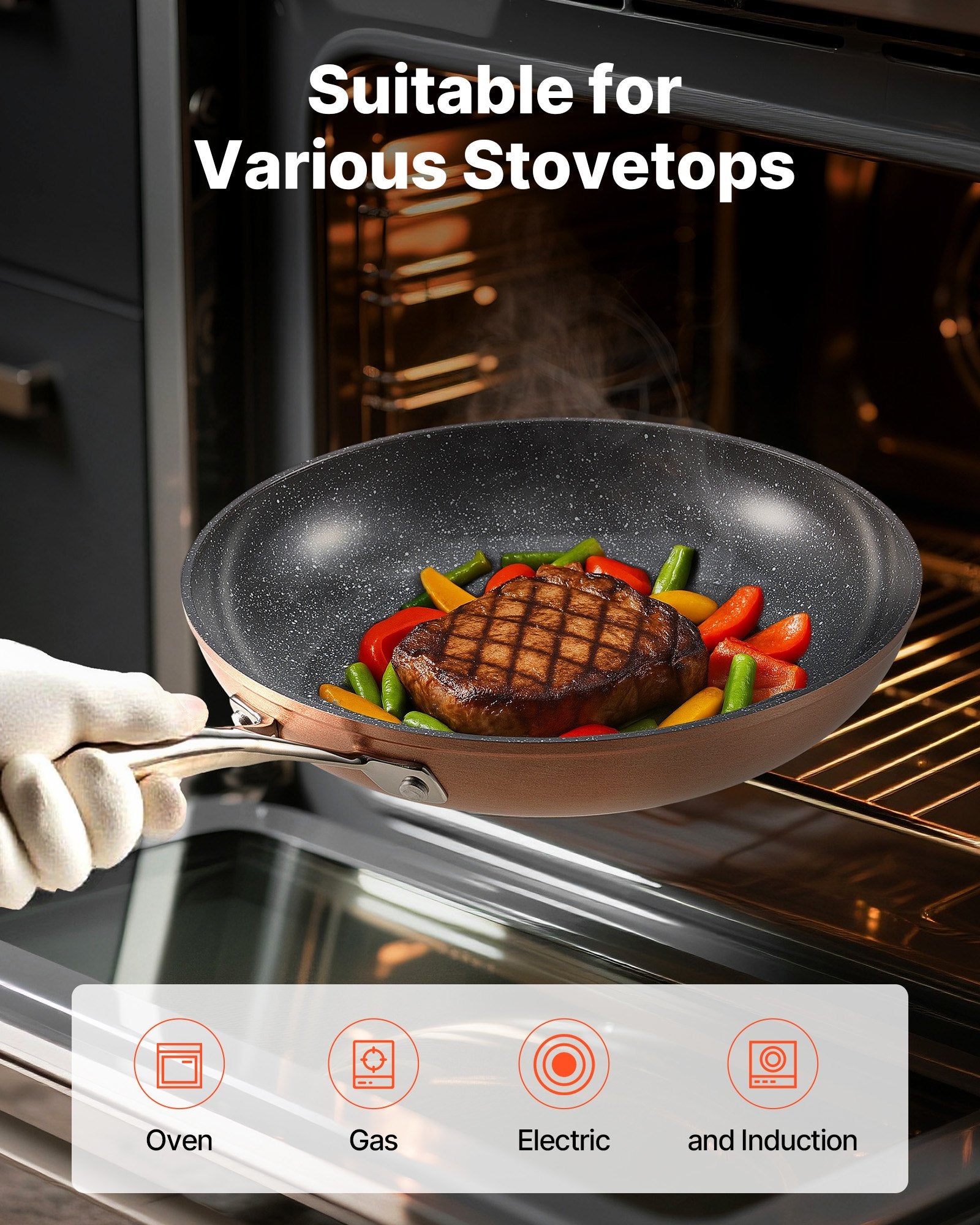 VEVOR Frying Pan Skillet, Aluminum Egg Fry Pans, 3 Piece 200, 270, 300 mm , Nonsitck Ceramic Heavy-Duty Skillets with Heat-Resistant Handle, Chef's Cookware, for Oven, Gas, Electric, Induction, Grey