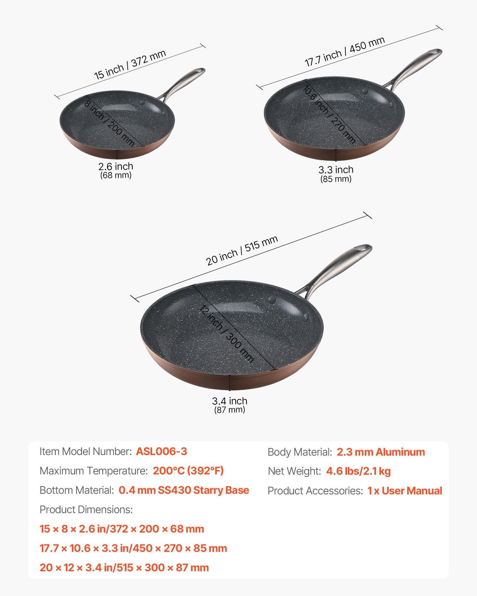 VEVOR Frying Pan Skillet, Aluminum Egg Fry Pans, 3 Piece 200, 270, 300 mm , Nonsitck Ceramic Heavy-Duty Skillets with Heat-Resistant Handle, Chef's Cookware, for Oven, Gas, Electric, Induction, Grey