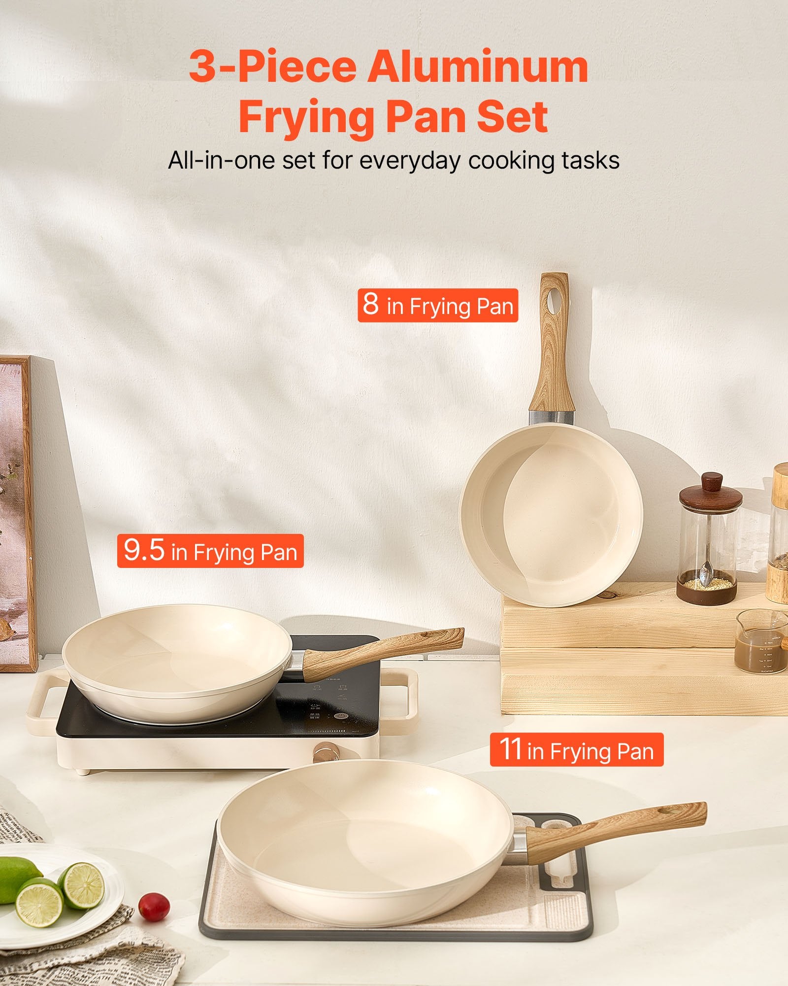 VEVOR Frying Pan Skillet, Aluminum Egg Fry Pans, 3 Pcs 200, 240, 280 mm , Nonsitck Ceramic Heavy-Duty Skillets with Heat-Resistant Handle, Chef's Kitchen Cookware for Gas, Electric, Induction, Beige