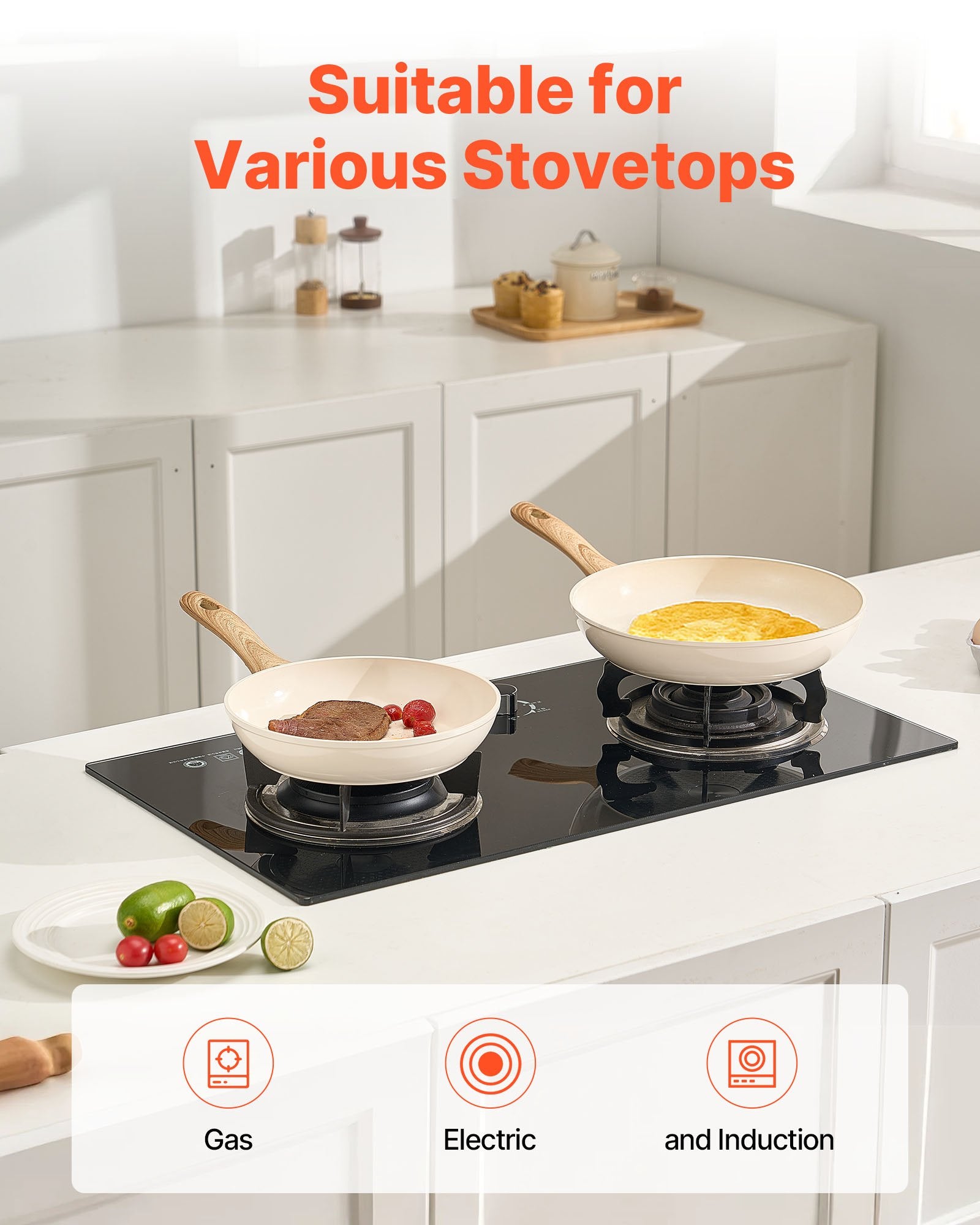 VEVOR Frying Pan Skillet, Aluminum Egg Fry Pans, 3 Pcs 200, 240, 280 mm , Nonsitck Ceramic Heavy-Duty Skillets with Heat-Resistant Handle, Chef's Kitchen Cookware for Gas, Electric, Induction, Beige