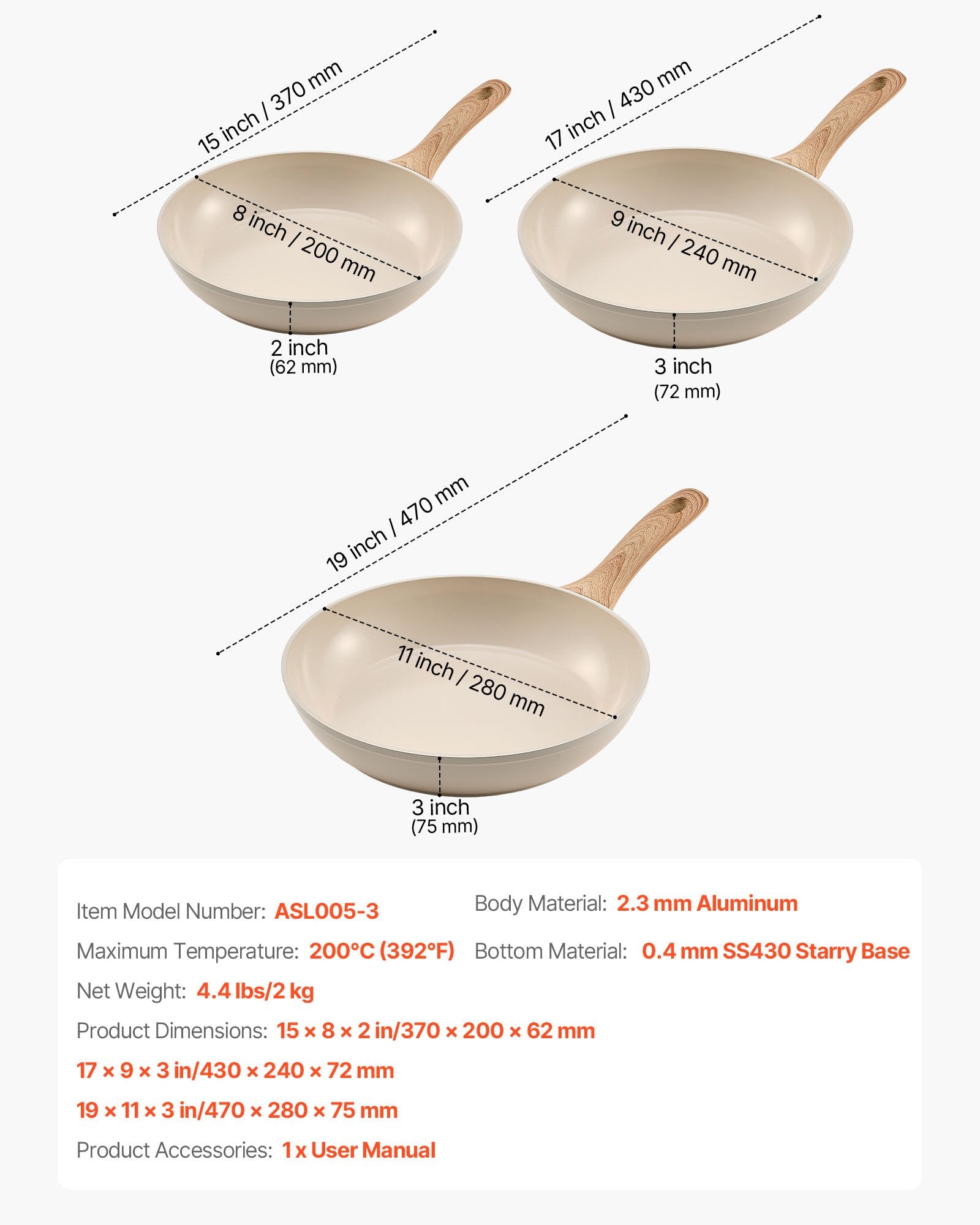 VEVOR Frying Pan Skillet, Aluminum Egg Fry Pans, 3 Pcs 200, 240, 280 mm , Nonsitck Ceramic Heavy-Duty Skillets with Heat-Resistant Handle, Chef's Kitchen Cookware for Gas, Electric, Induction, Beige