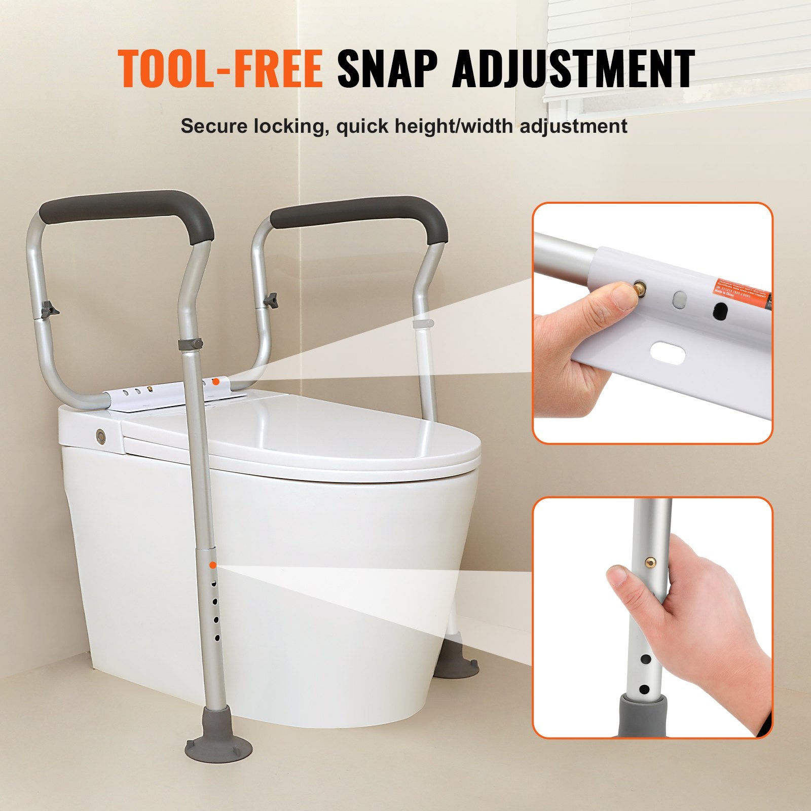 VEVOR Toilet Safety Rail, Bathroom Toilet Seat Frame, Adjustable Width & Height Fit Most Toilets, Supports 136 kg, Toilet Handles Grab Bars with Padded Armrests for Handicap, Disabled, Seniors