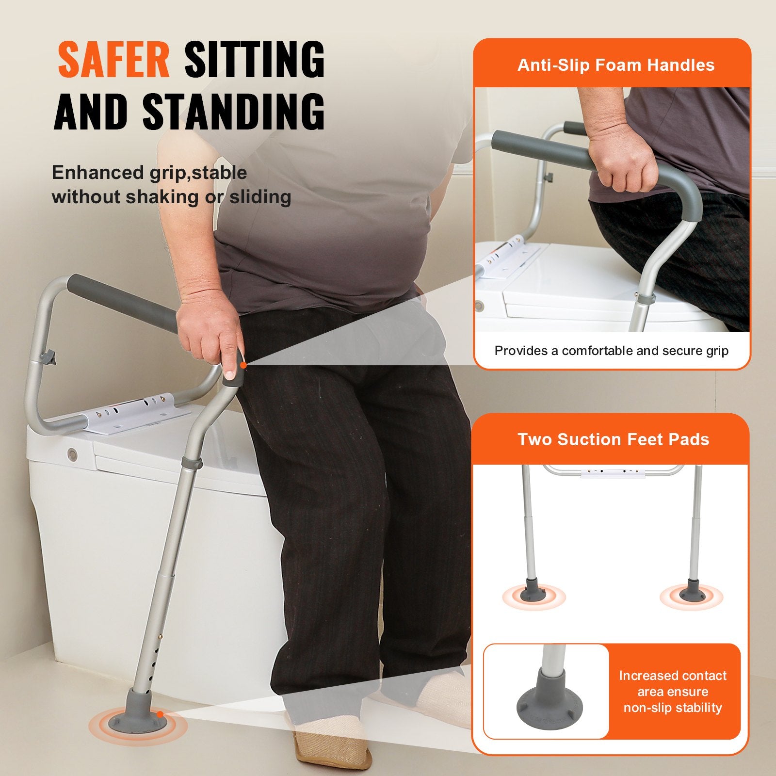 VEVOR Toilet Safety Rail, Bathroom Toilet Seat Frame, Adjustable Width & Height Fit Most Toilets, Supports 136 kg, Toilet Handles Grab Bars with Padded Armrests for Handicap, Disabled, Seniors