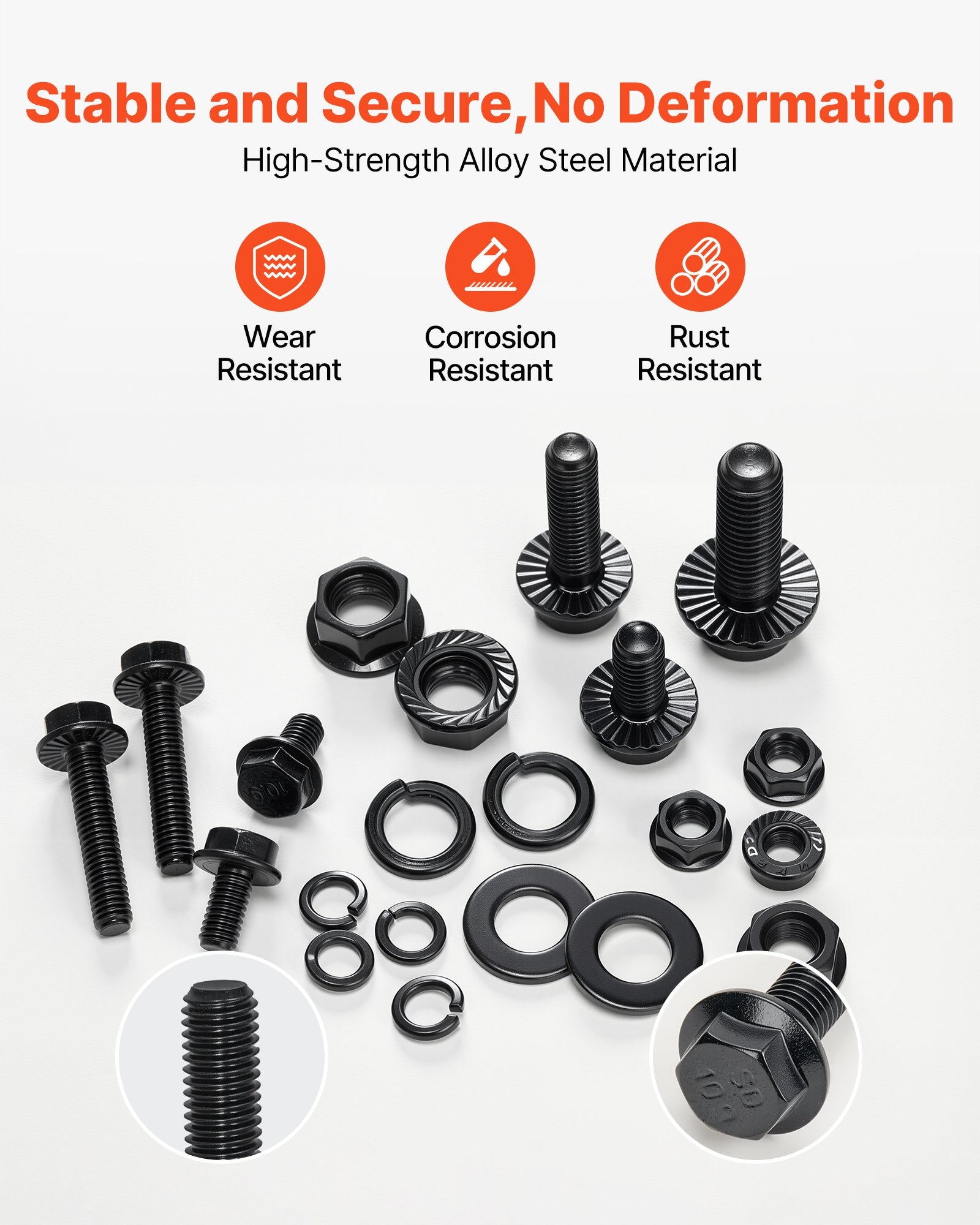 VEVOR 280 Pcs Bolts and Nuts Assortment Kit, Metric Machine Screws and Flat Washers, Alloy Steel M6/M8/M10 Multiple Size, for Furniture / Equipment Assembly, Vehicle Grade 10.9 Black, with Case