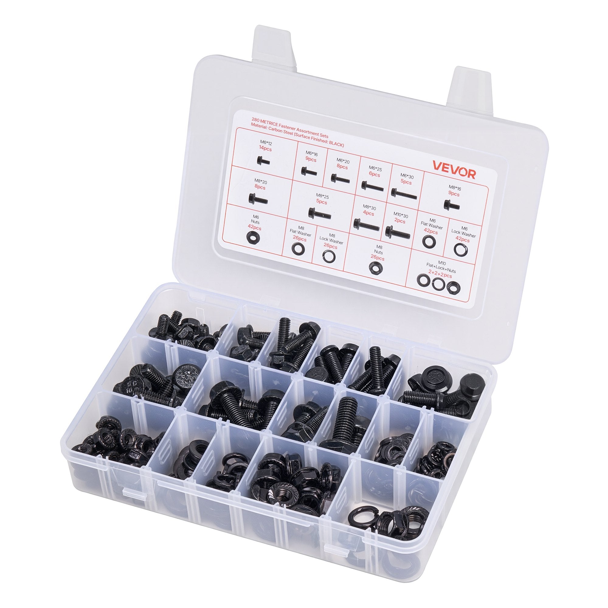 VEVOR 280 Pcs Bolts and Nuts Assortment Kit, Metric Machine Screws and Flat Washers, Alloy Steel M6/M8/M10 Multiple Size, for Furniture / Equipment Assembly, Vehicle Grade 10.9 Black, with Case