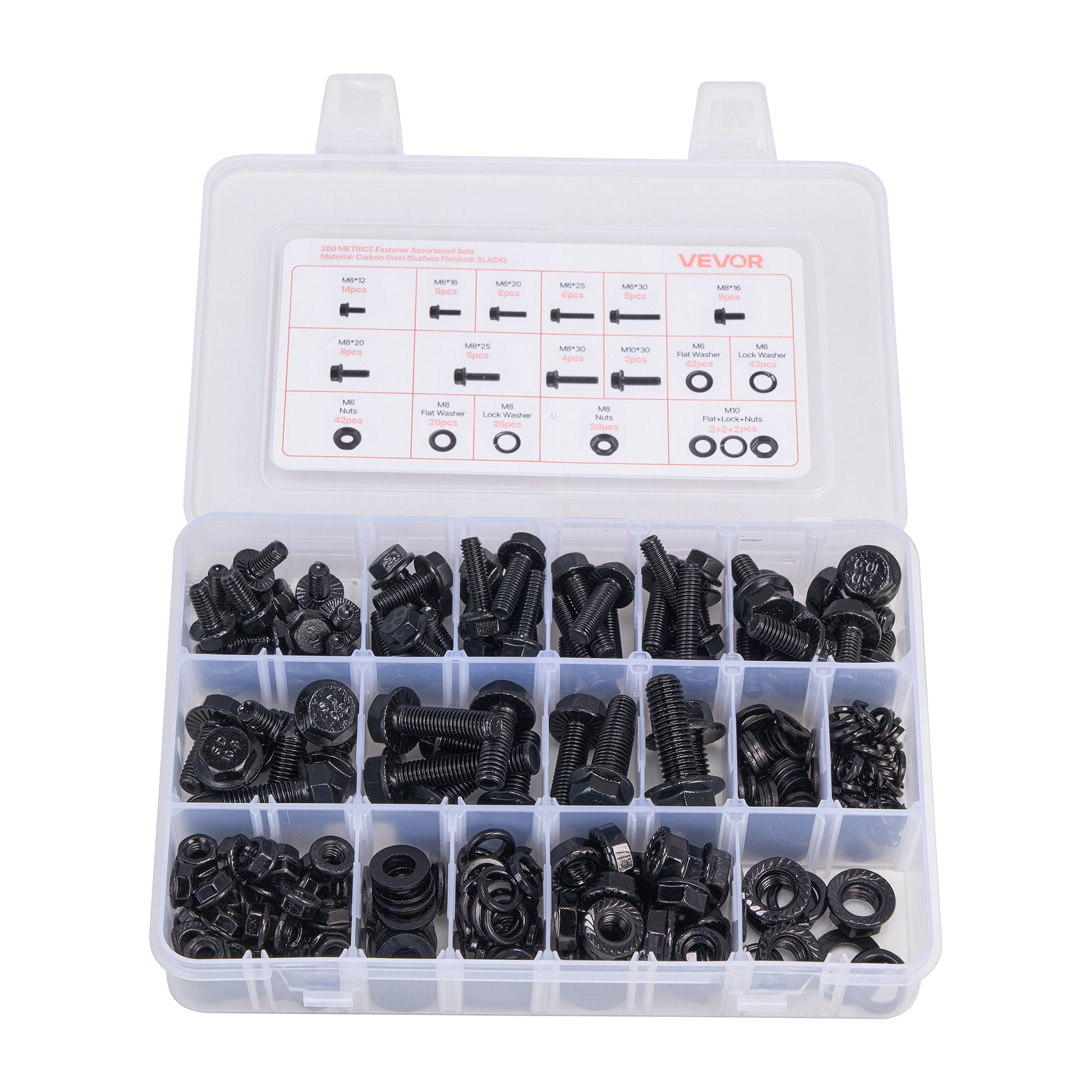VEVOR 280 Pcs Bolts and Nuts Assortment Kit, Metric Machine Screws and Flat Washers, Alloy Steel M6/M8/M10 Multiple Size, for Furniture / Equipment Assembly, Vehicle Grade 10.9 Black, with Case
