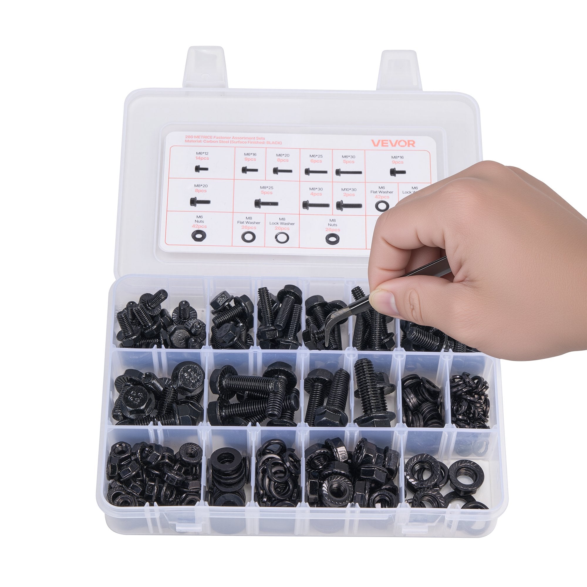 VEVOR 280 Pcs Bolts and Nuts Assortment Kit, Metric Machine Screws and Flat Washers, Alloy Steel M6/M8/M10 Multiple Size, for Furniture / Equipment Assembly, Vehicle Grade 10.9 Black, with Case