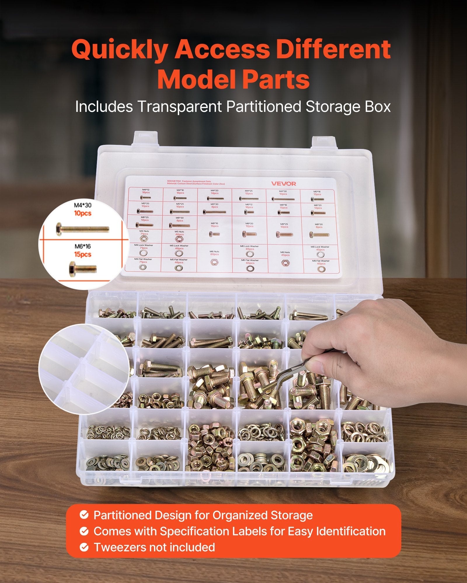 VEVOR 906 Pcs Bolts and Nuts Assortment Kit, Metric Machine Screws and Flat Washers, Alloy Steel M4/M5/M6/M8 Multiple Size, for Equipment Assembly, Vehicle Grade 8.8 Gold-Plated Galvanized
