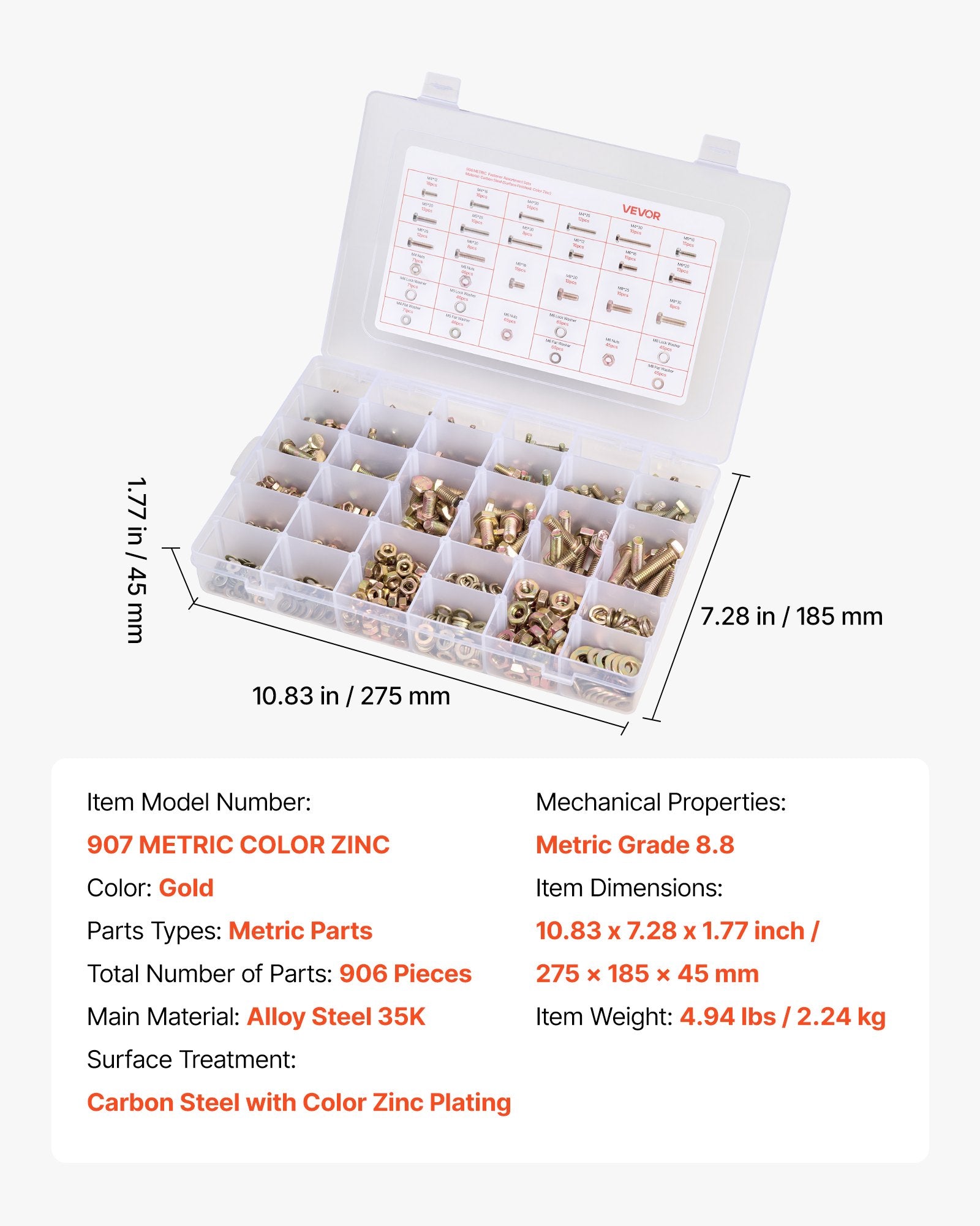 VEVOR 906 Pcs Bolts and Nuts Assortment Kit, Metric Machine Screws and Flat Washers, Alloy Steel M4/M5/M6/M8 Multiple Size, for Equipment Assembly, Vehicle Grade 8.8 Gold-Plated Galvanized