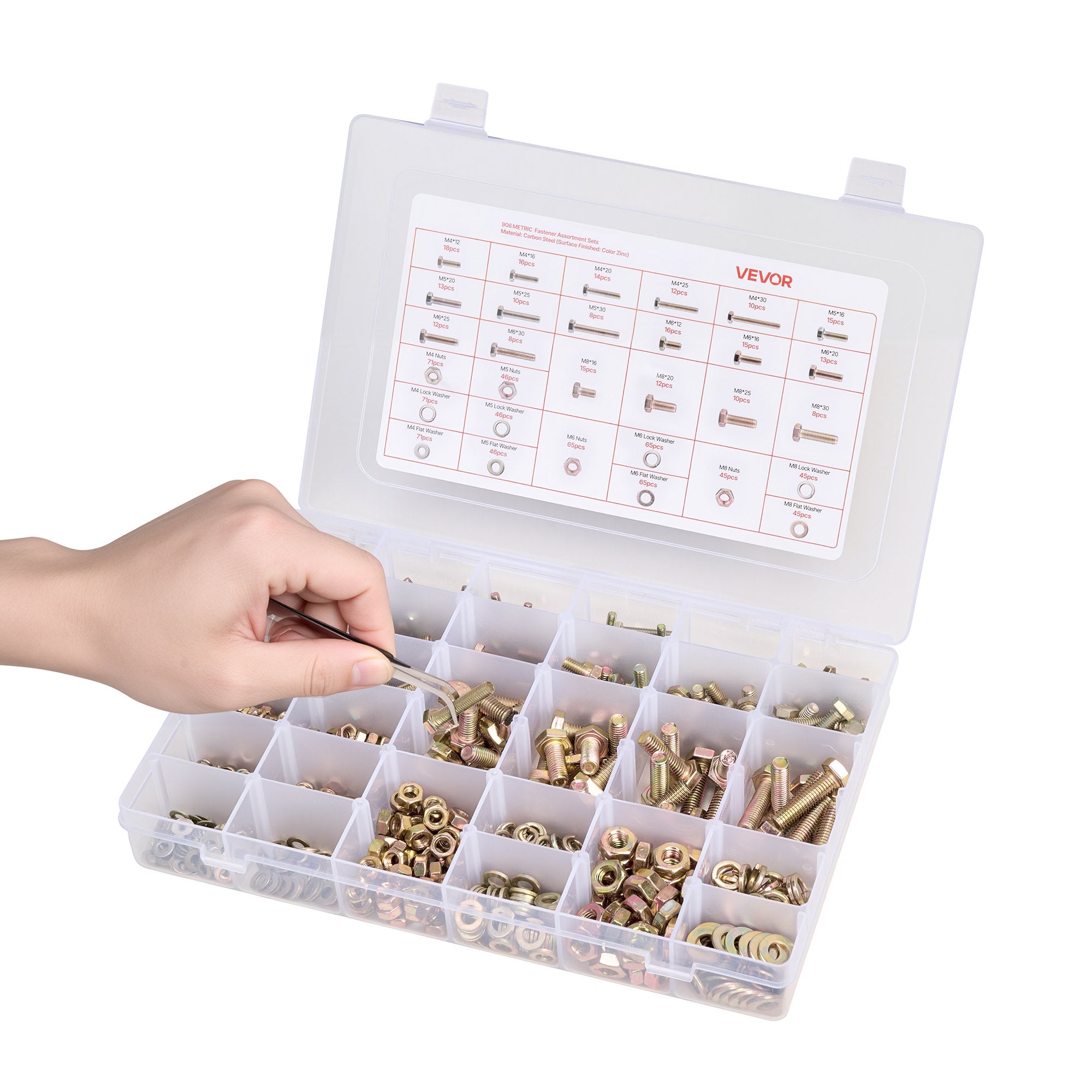 VEVOR 906 Pcs Bolts and Nuts Assortment Kit, Metric Machine Screws and Flat Washers, Alloy Steel M4/M5/M6/M8 Multiple Size, for Equipment Assembly, Vehicle Grade 8.8 Gold-Plated Galvanized