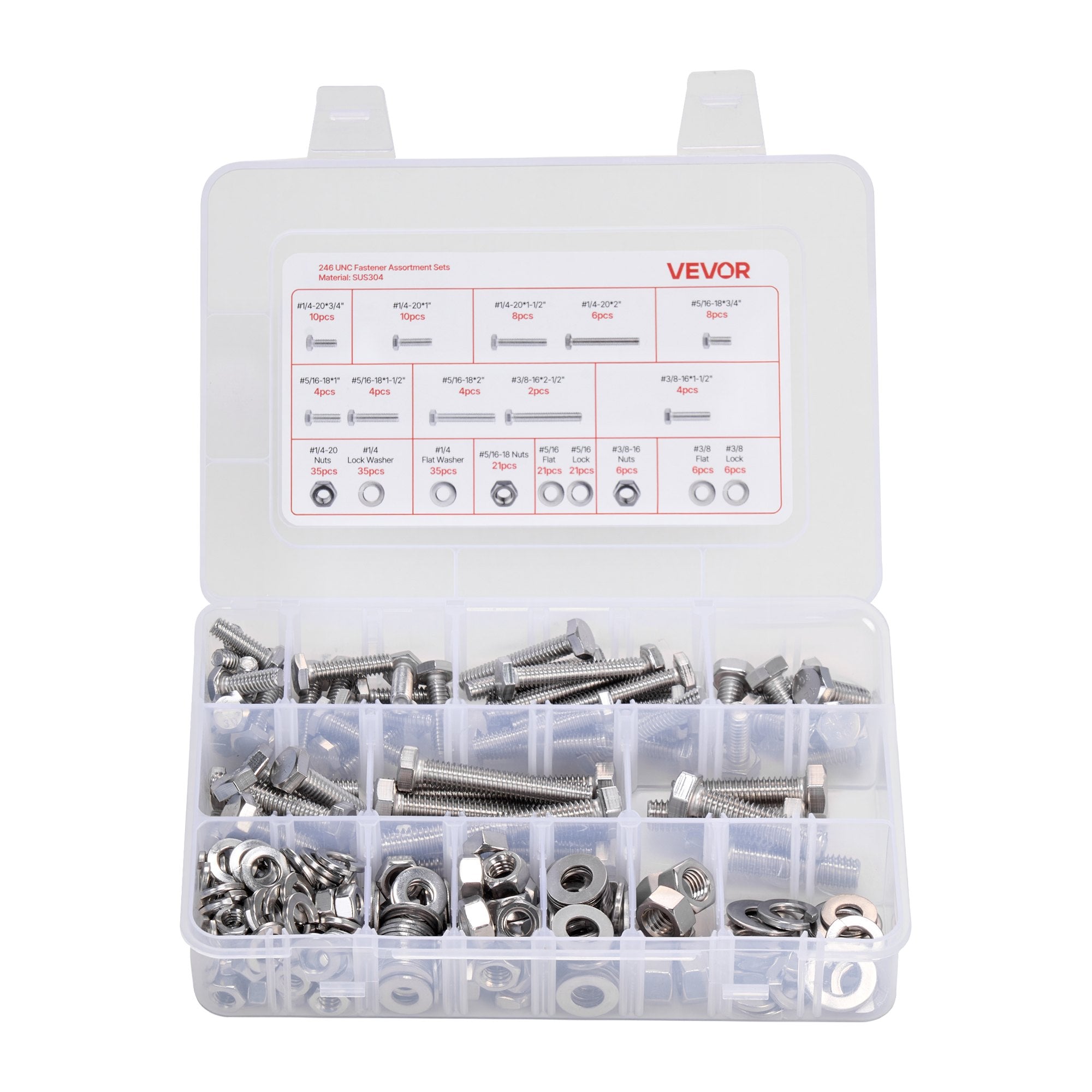 VEVOR 246 Pcs Bolts and Nuts Assortment Kit, Imperial Screws and Flat Washers, Stainless Steel 1/4-20,5/16-18,3/8-16, Spring Lock Washers for Furniture / Equipment /Vehicle Assembly with Case