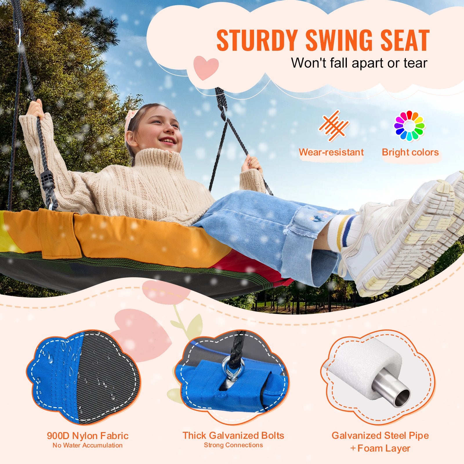 VEVOR Tree Swing, 40 Inch Saucer Swing, 750lbs Weight Capacity, 900D Oxford Fabric Swing Seat with 2 Tree Hanging Straps and Adjustable Multi-Strand Ropes, Round Swing for Kids Outdoor, Blue