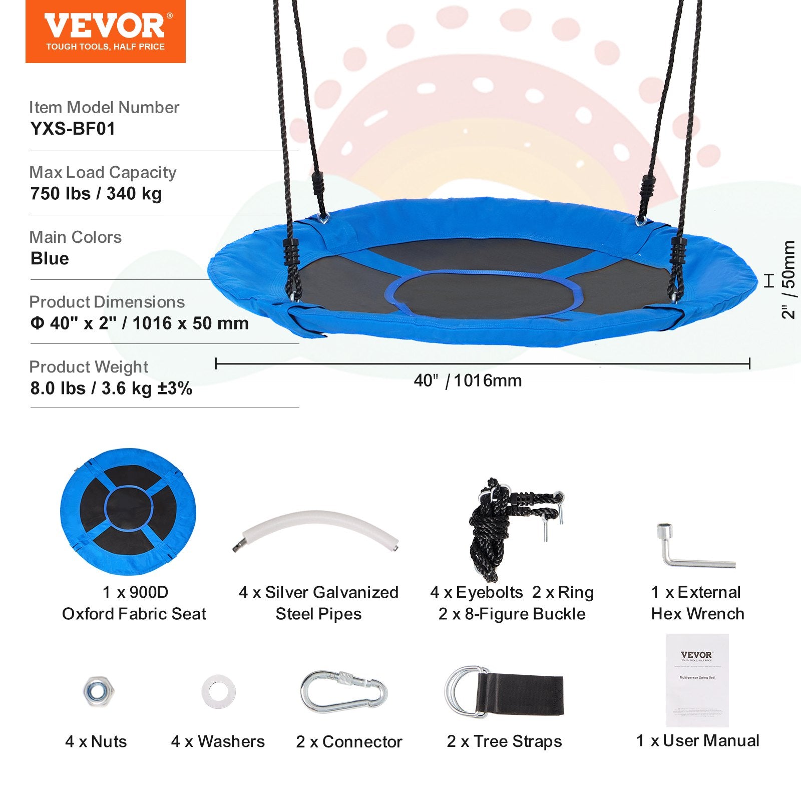 VEVOR Tree Swing, 40 Inch Saucer Swing, 750lbs Weight Capacity, 900D Oxford Fabric Swing Seat with 2 Tree Hanging Straps and Adjustable Multi-Strand Ropes, Round Swing for Kids Outdoor, Blue